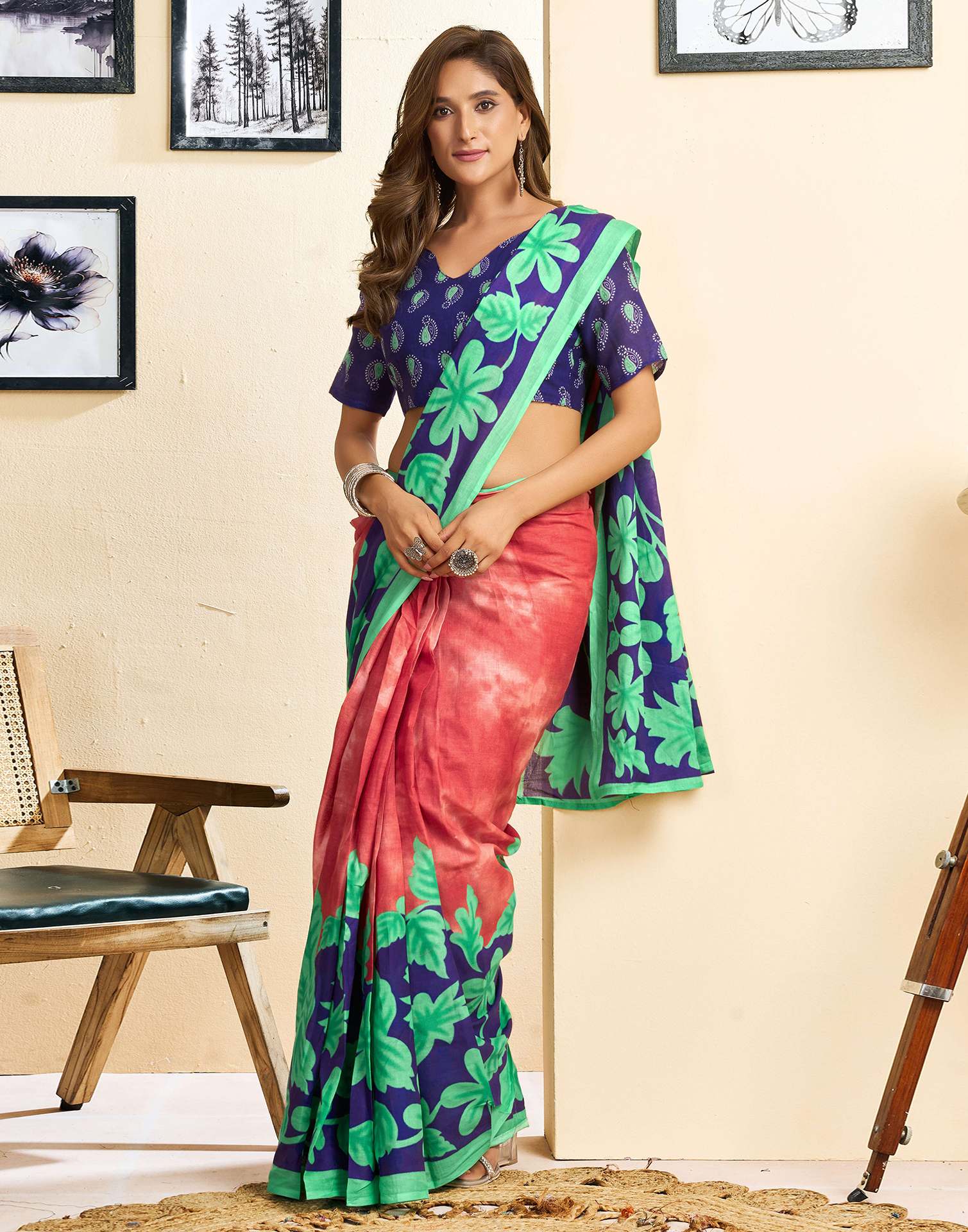 Ready To Wear Red Cotton Printed Saree With Pocket - Image 7