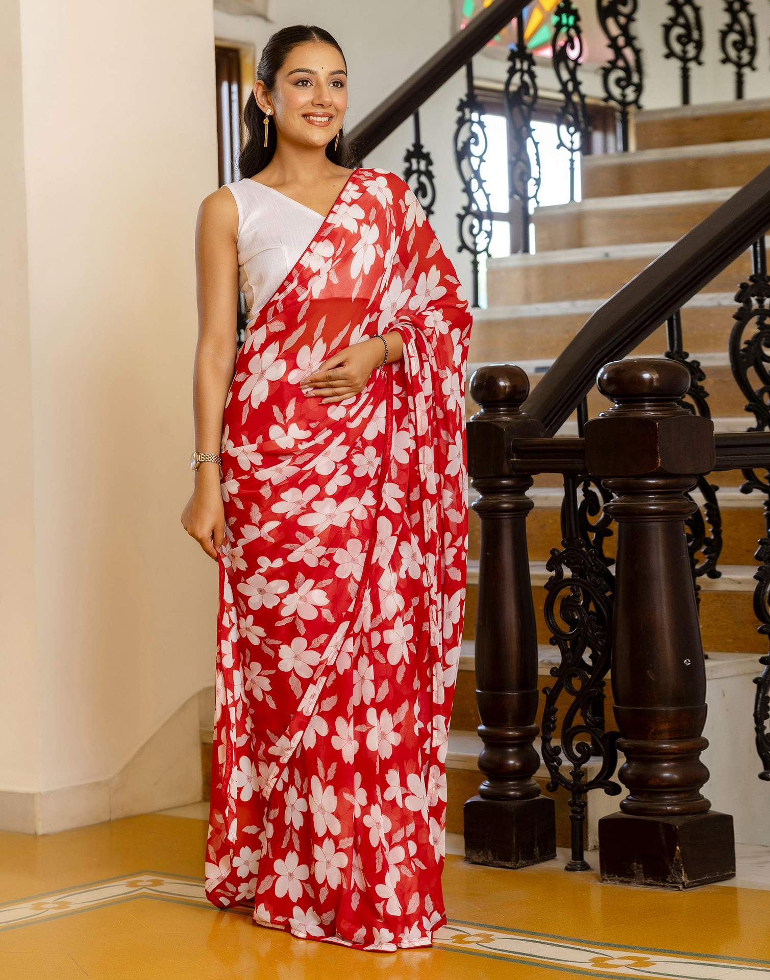 Ready To Wear Red Georgette Floral Printed Saree - Image 5