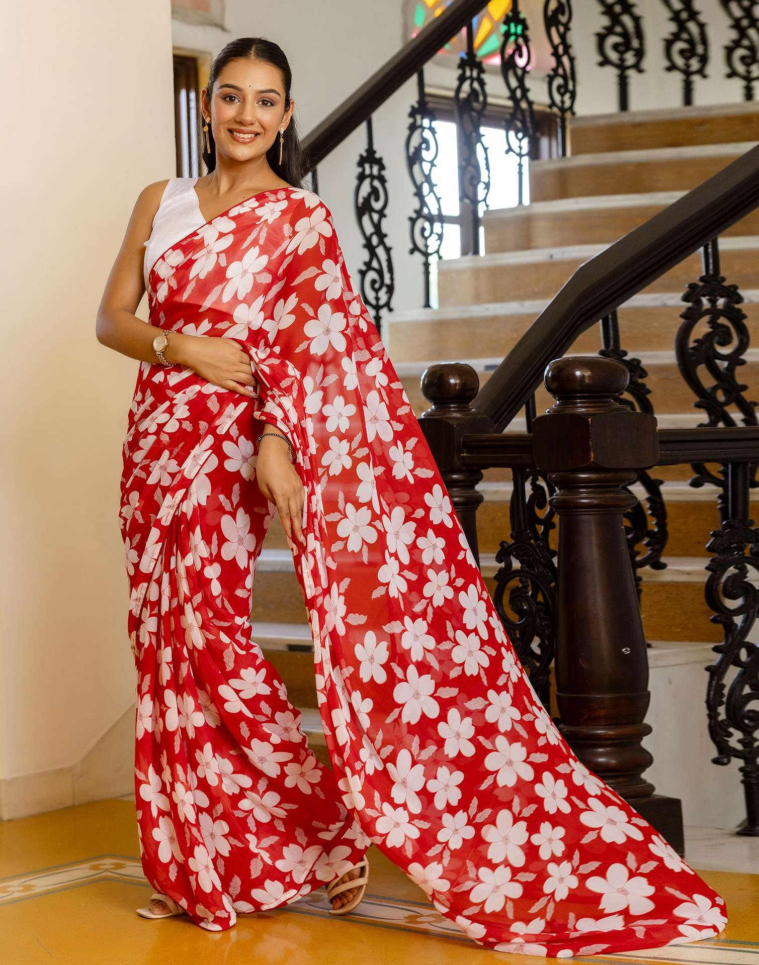 Ready To Wear Red Georgette Floral Printed Saree - Image 6