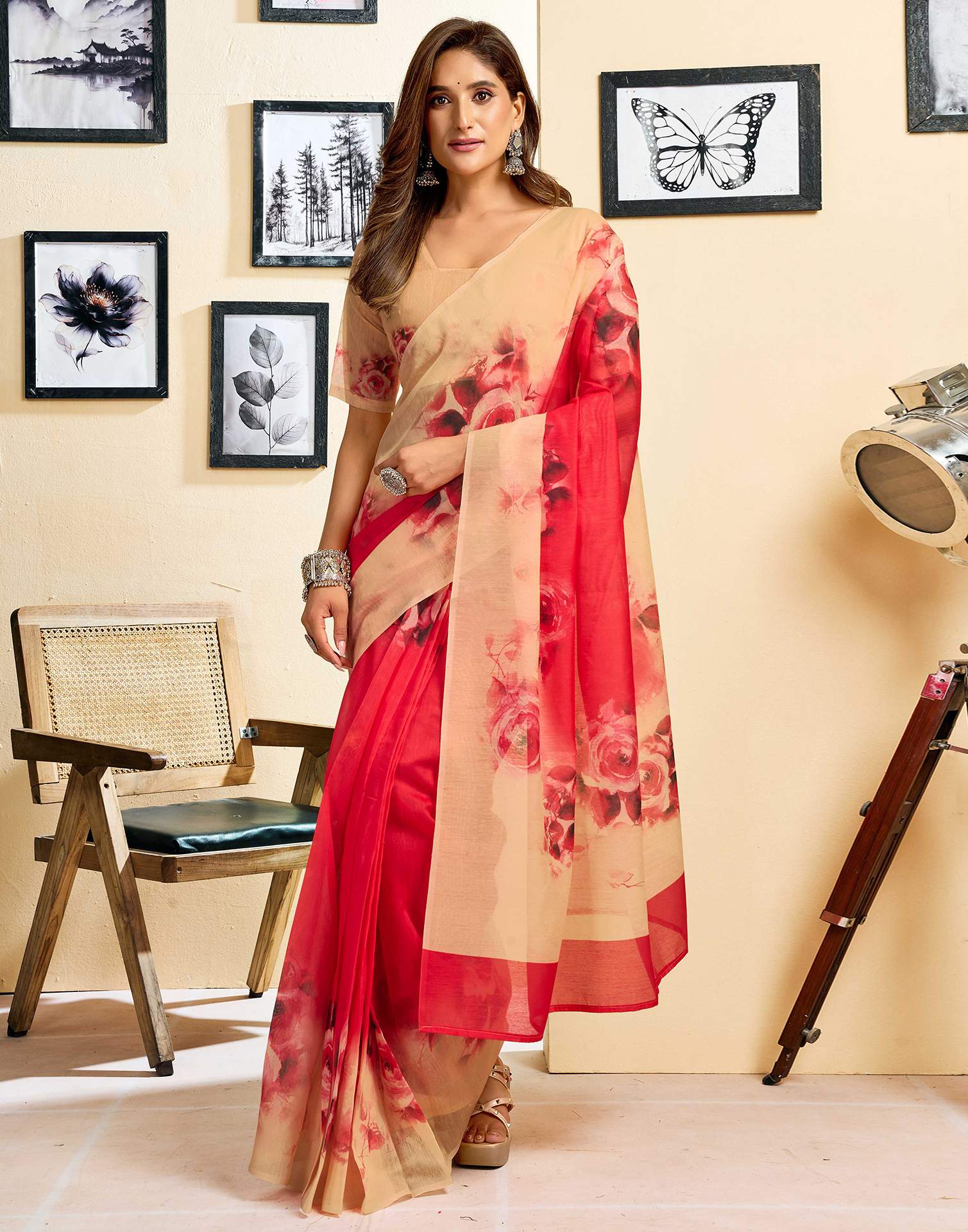 Ready To Wear Red Linen Floral Printed Saree - Image 5