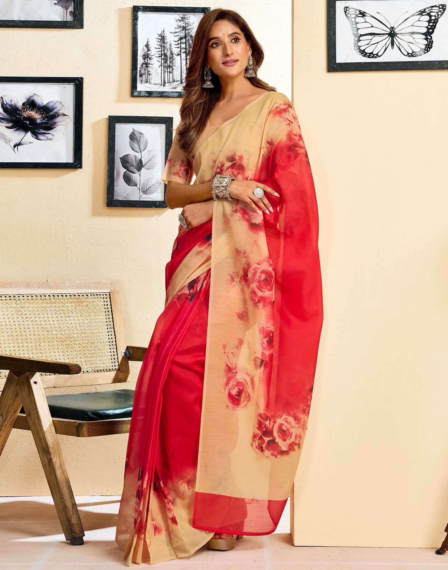 Ready To Wear Red Linen Floral Printed Saree - Image 6