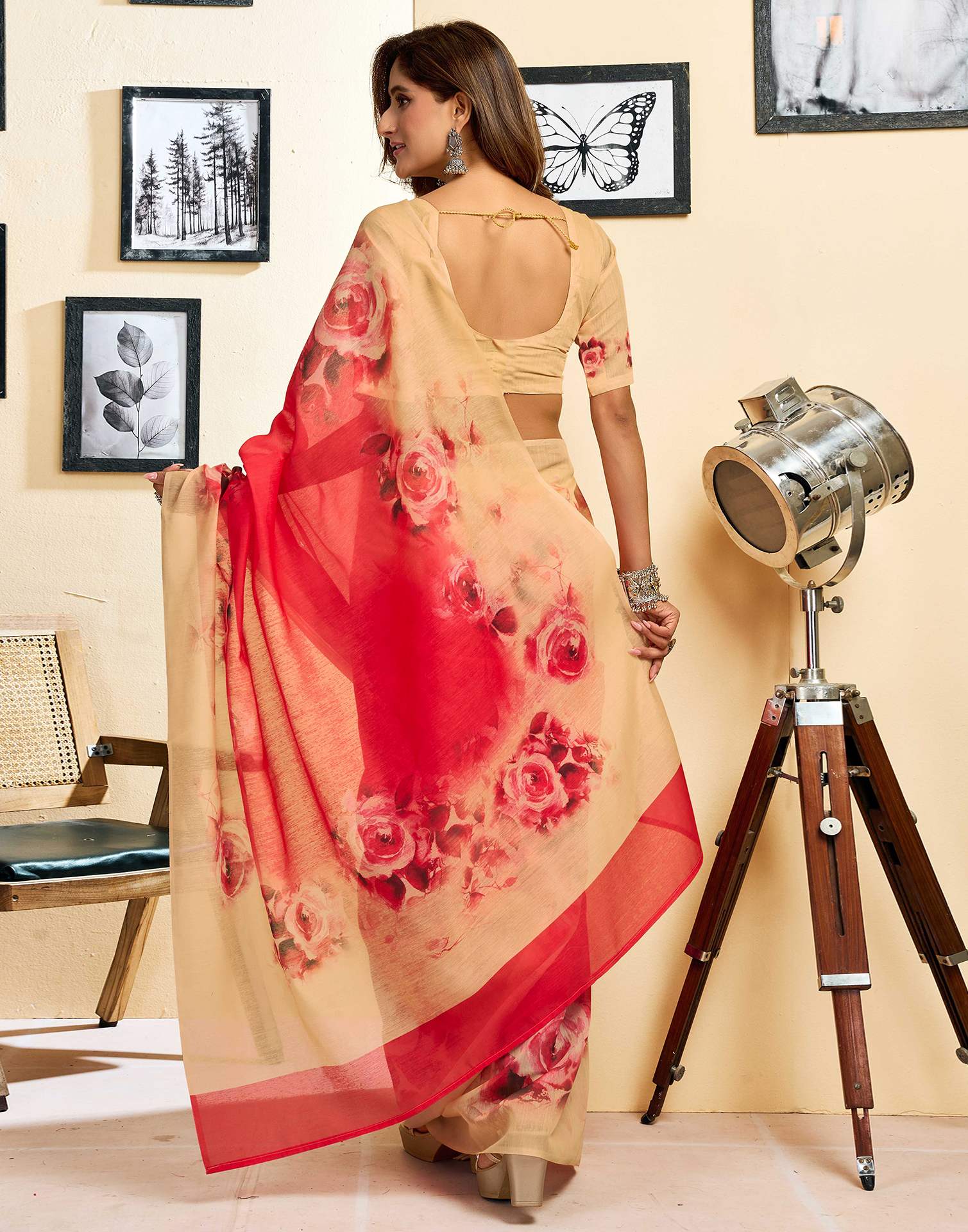 Ready To Wear Red Linen Floral Printed Saree - Image 8