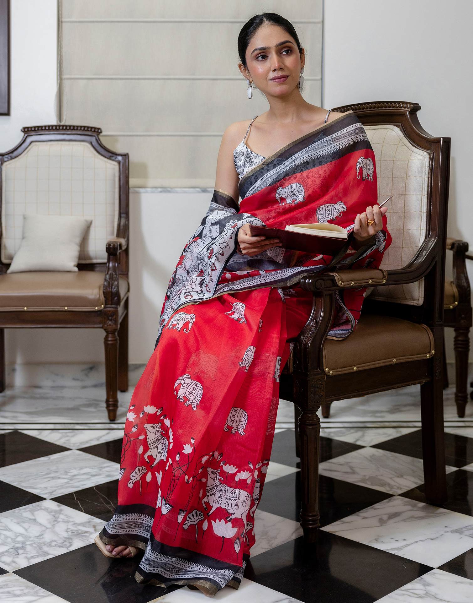 Ready To Wear Red Linen Printed Saree - Image 10