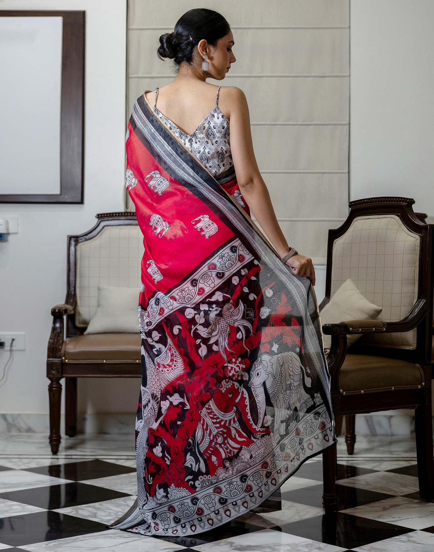 Ready To Wear Red Linen Printed Saree - Image 8