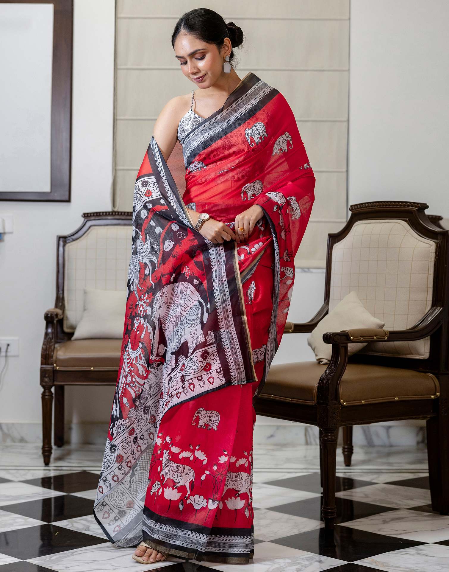 Ready To Wear Red Linen Printed Saree - Image 9
