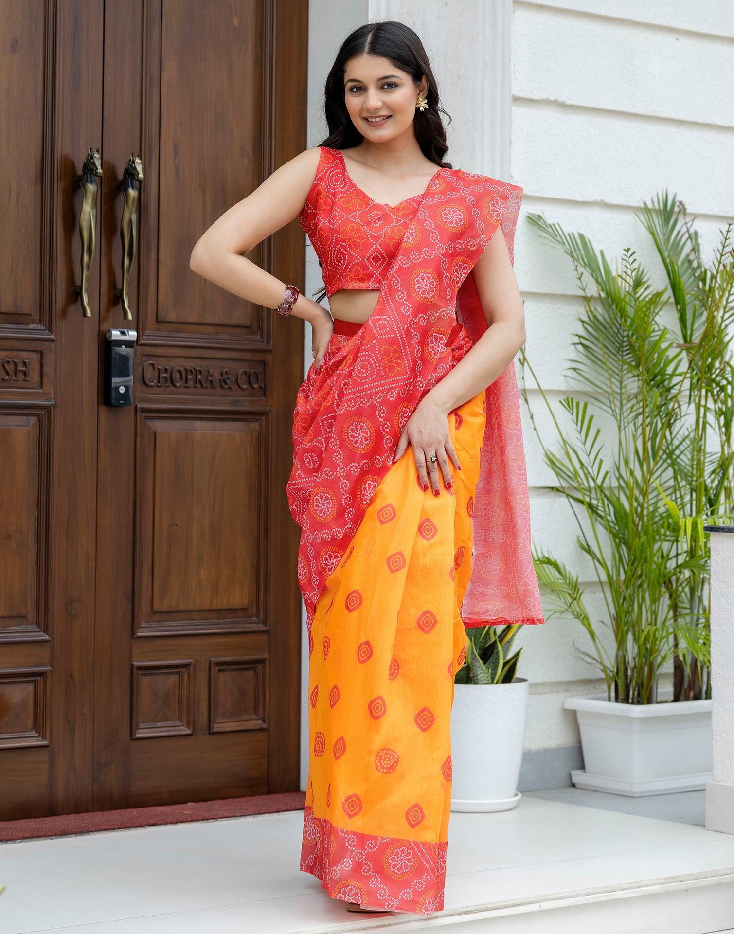 Ready To Wear Red Linen Printed Saree - Image 10
