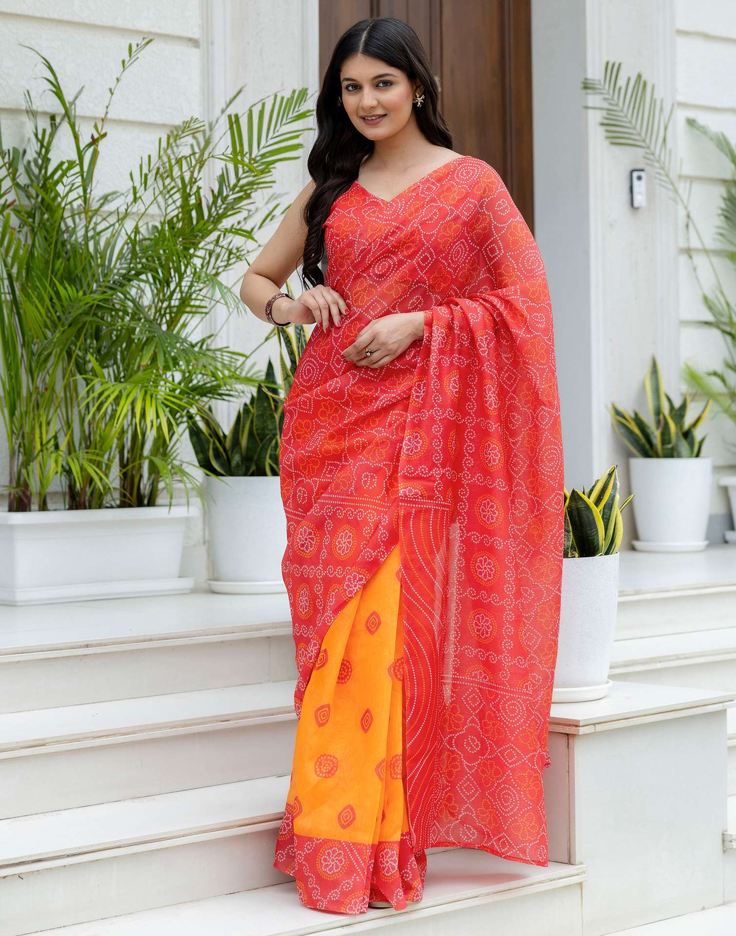 Ready To Wear Red Linen Printed Saree - Image 2