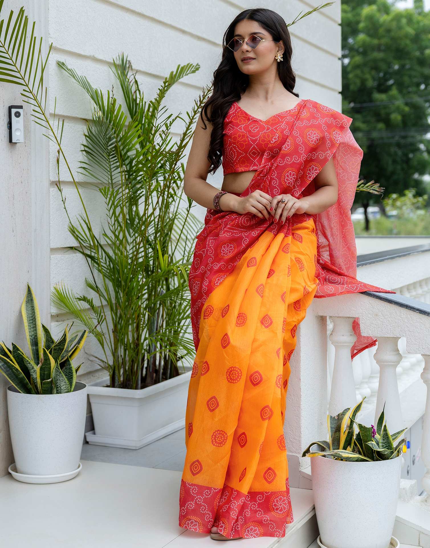 Ready To Wear Red Linen Printed Saree - Image 7