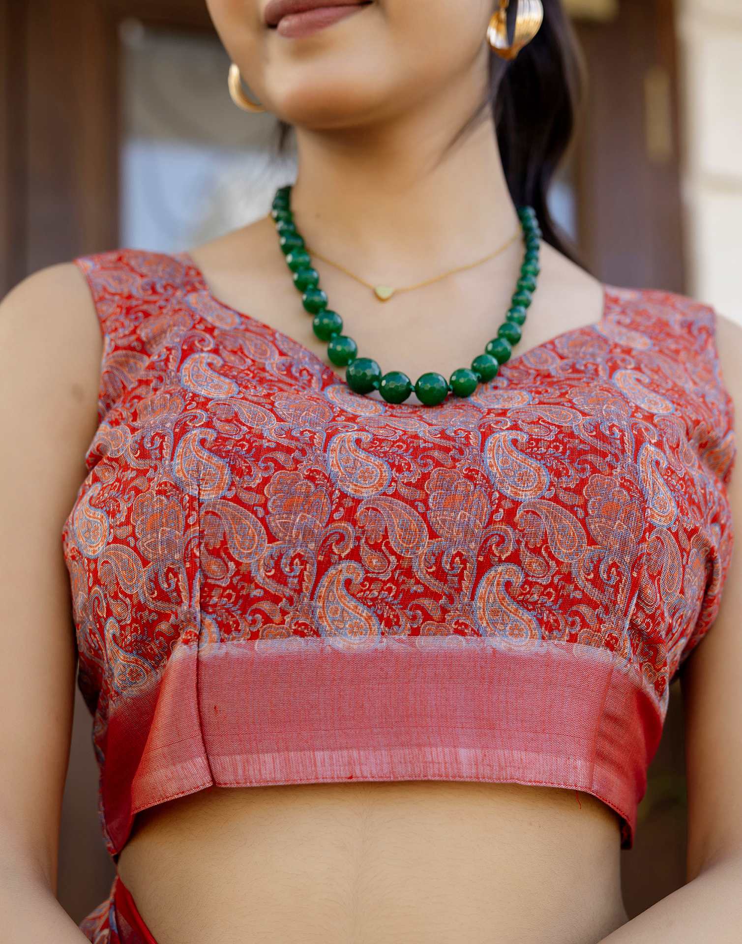 Ready To Wear Red Linen Woven Border Printed Saree - Image 10
