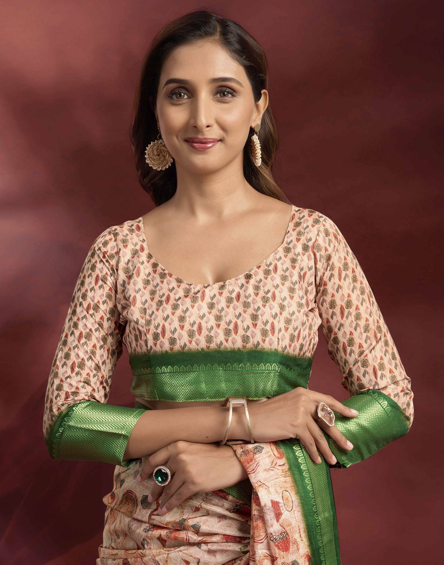 Ready To Wear Rose Pink Dola Silk Printed Saree - Image 10