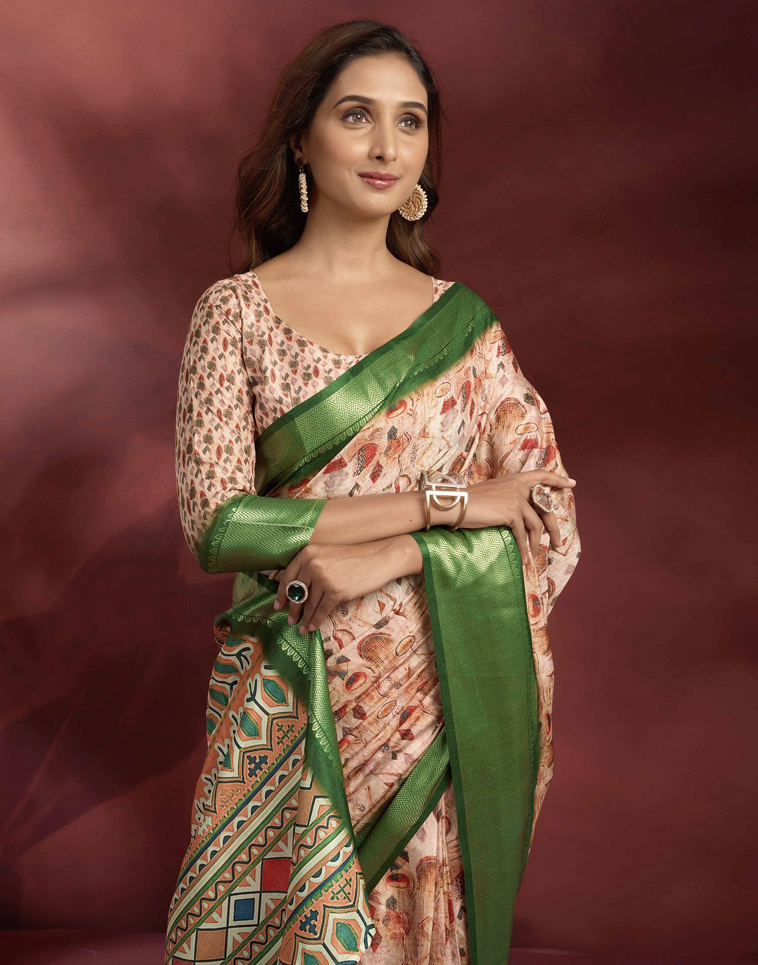 Ready To Wear Rose Pink Dola Silk Printed Saree - Image 4
