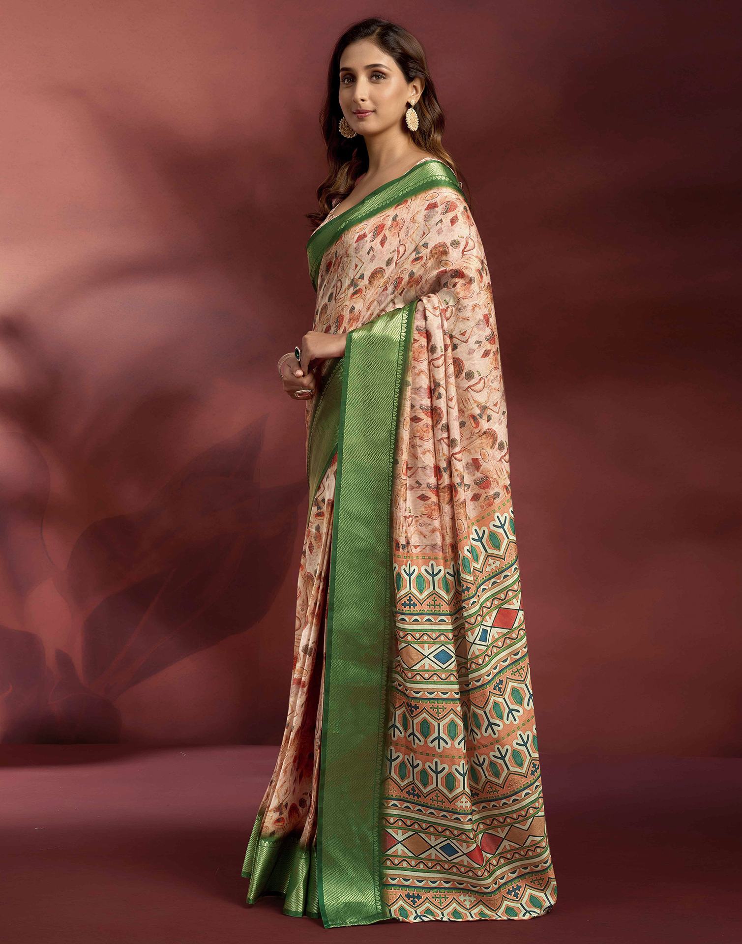 Ready To Wear Rose Pink Dola Silk Printed Saree - Image 5