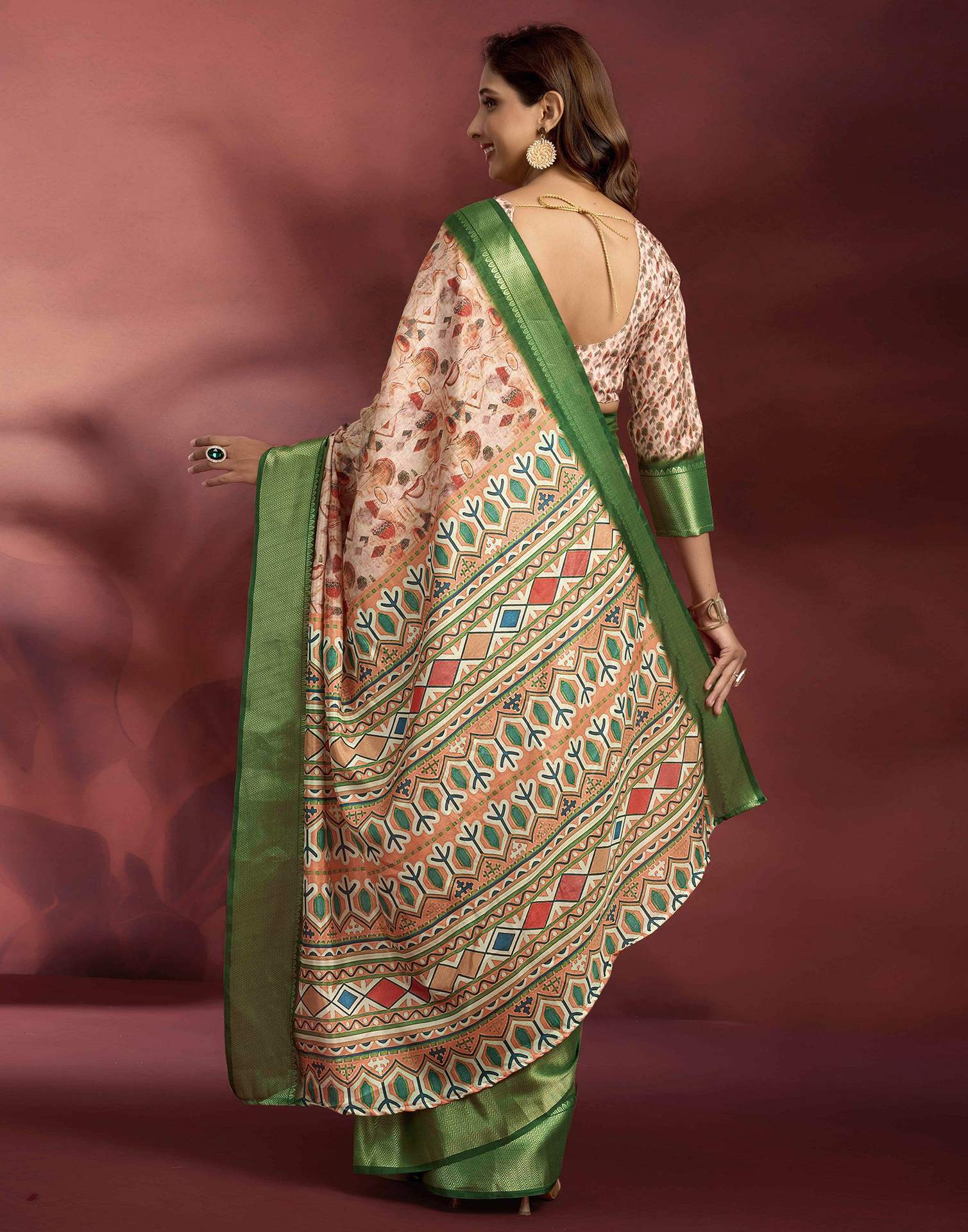 Ready To Wear Rose Pink Dola Silk Printed Saree - Image 7