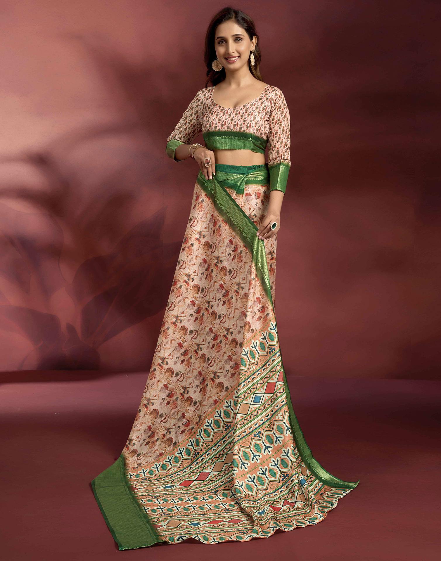 Ready To Wear Rose Pink Dola Silk Printed Saree - Image 8