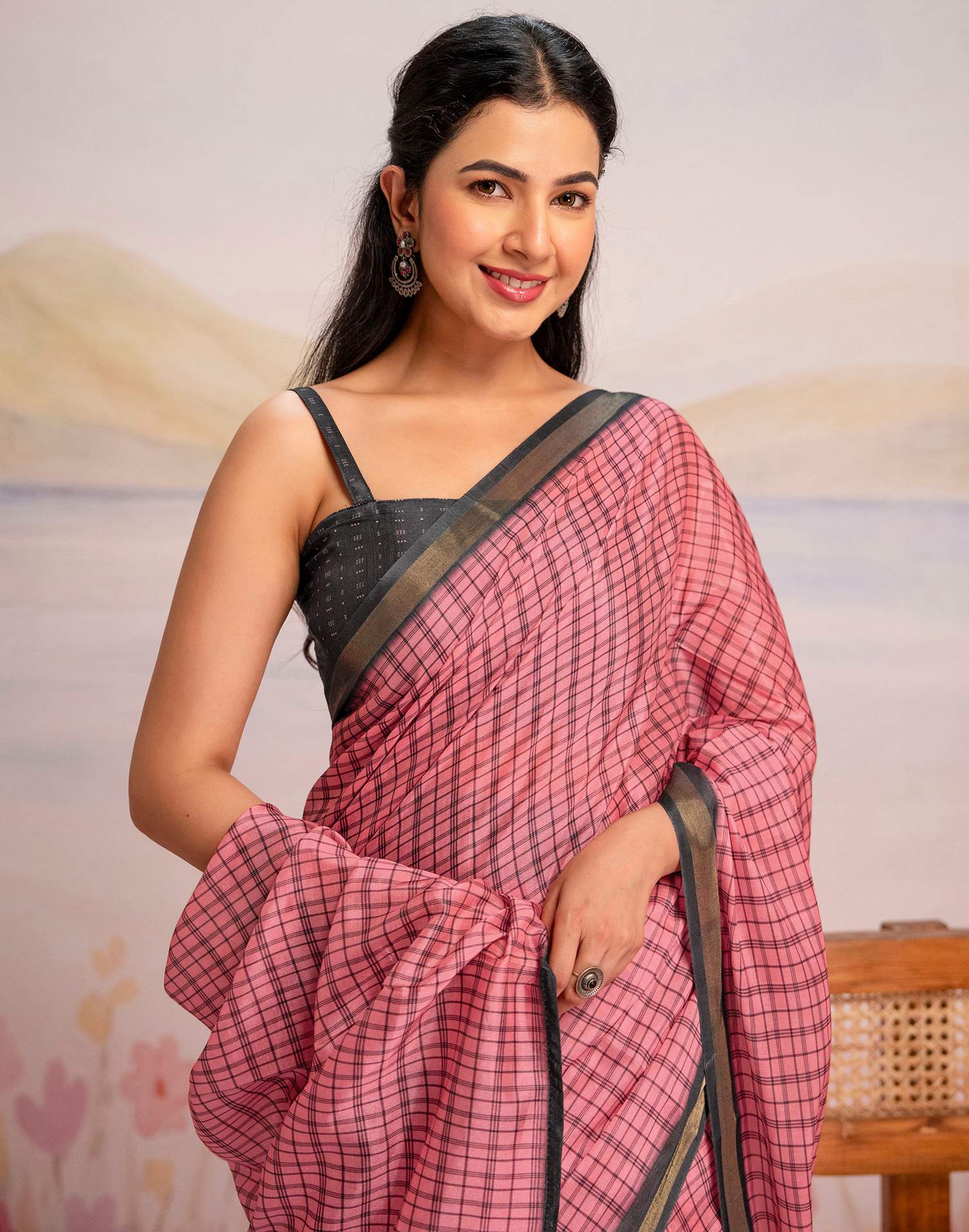 Ready To Wear Rose Pink Linen Printed Saree - Image 4