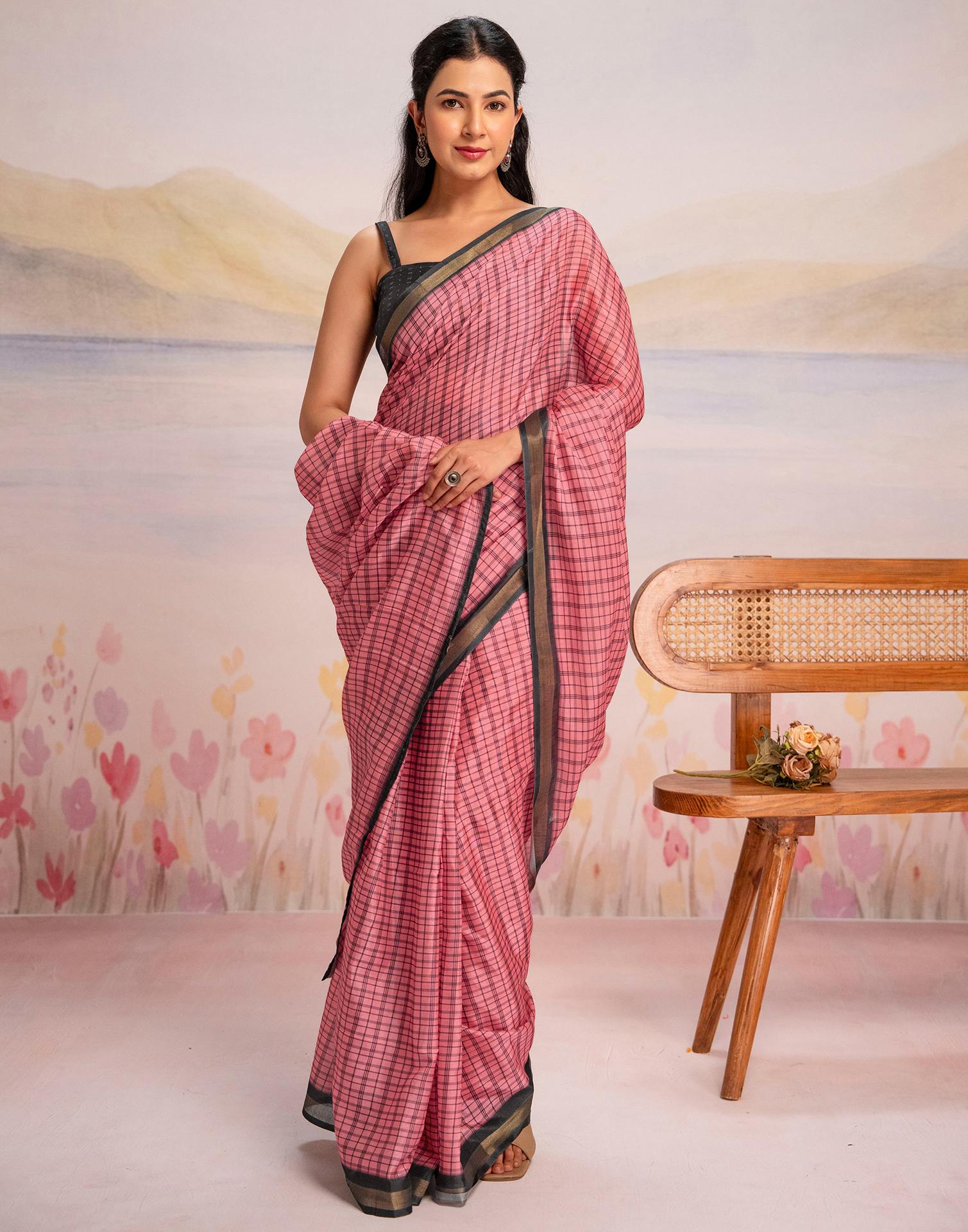 Ready To Wear Rose Pink Linen Printed Saree - Image 6