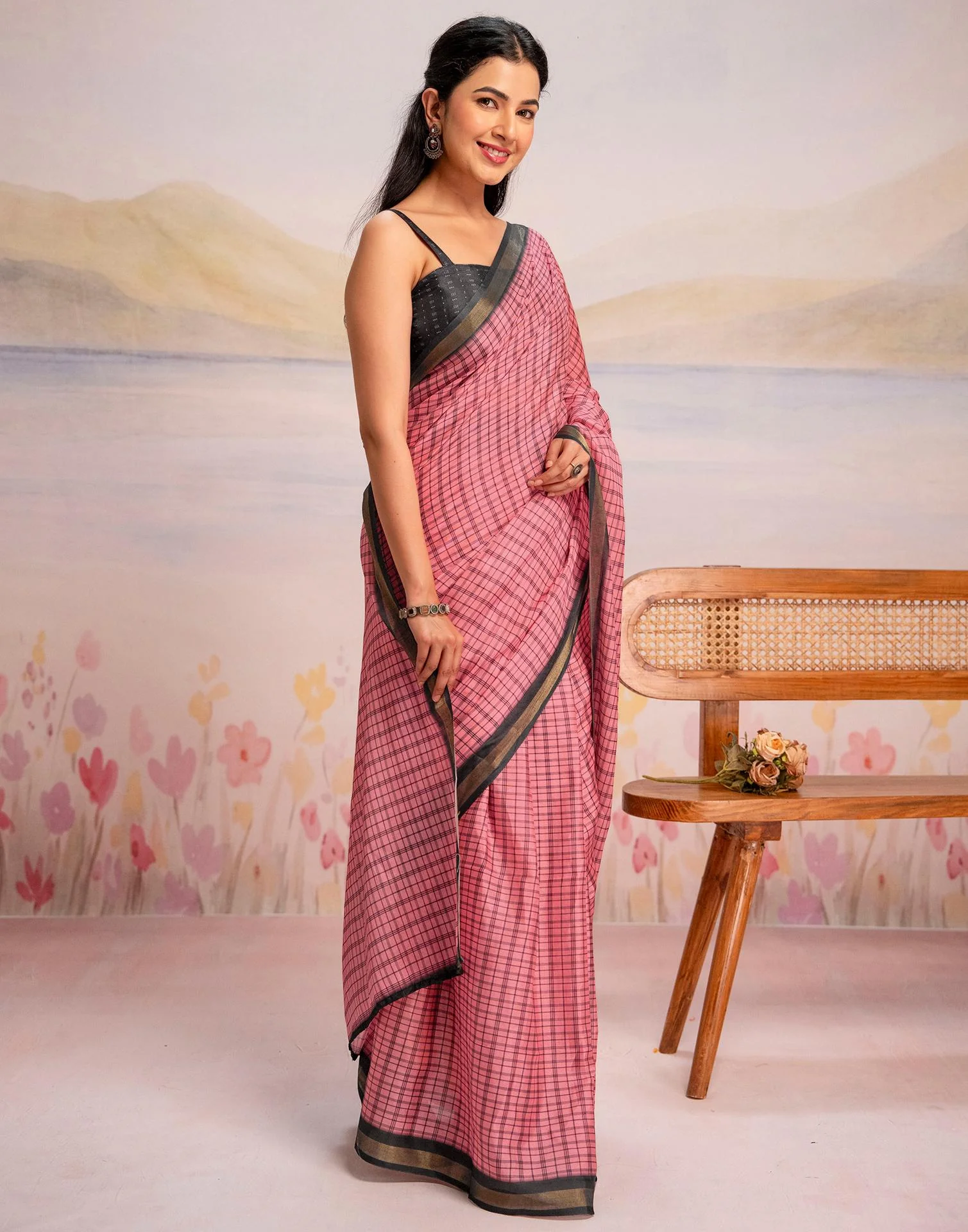 Ready To Wear Rose Pink Linen Printed Saree - Image 8