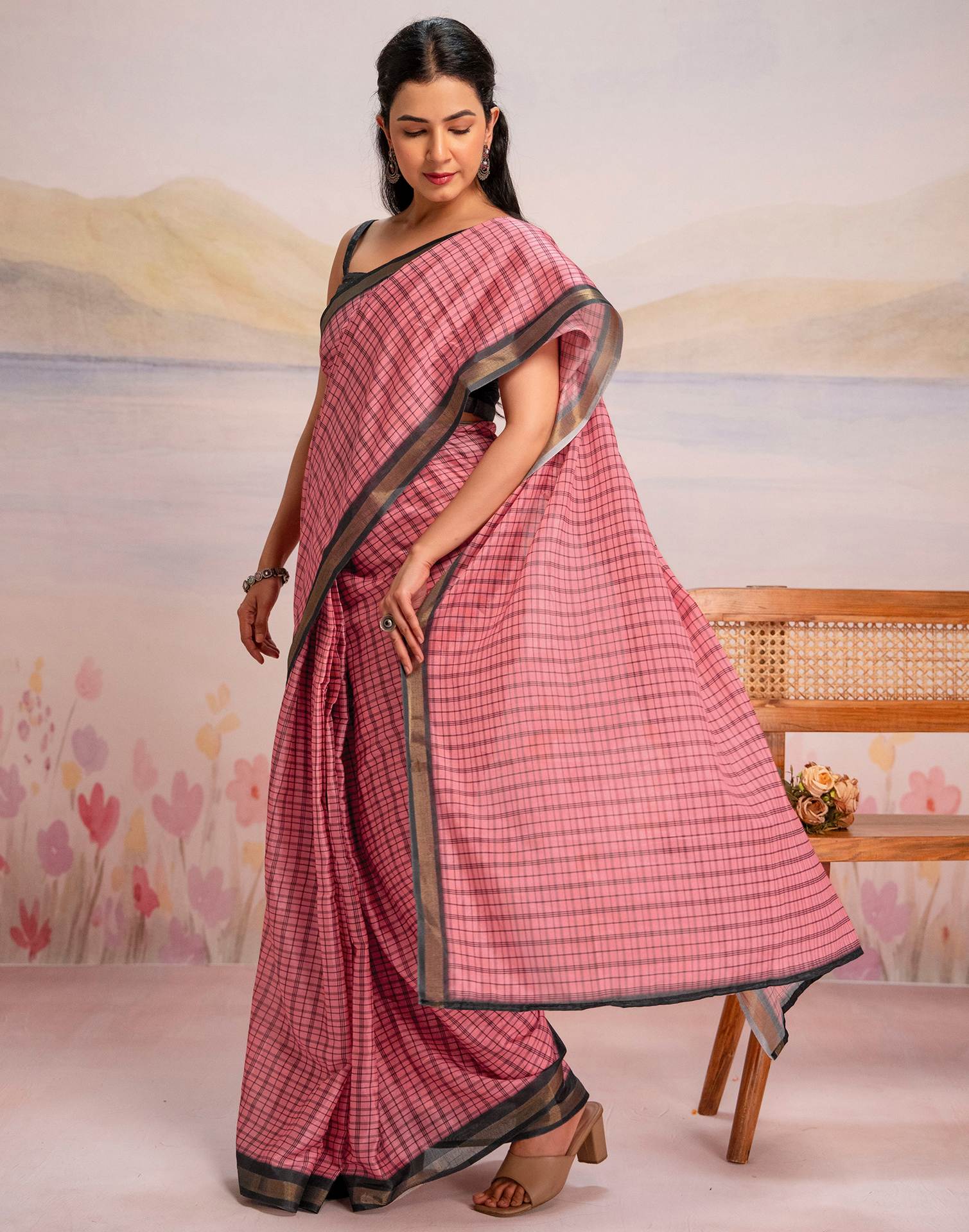 Ready To Wear Rose Pink Linen Printed Saree - Image 9