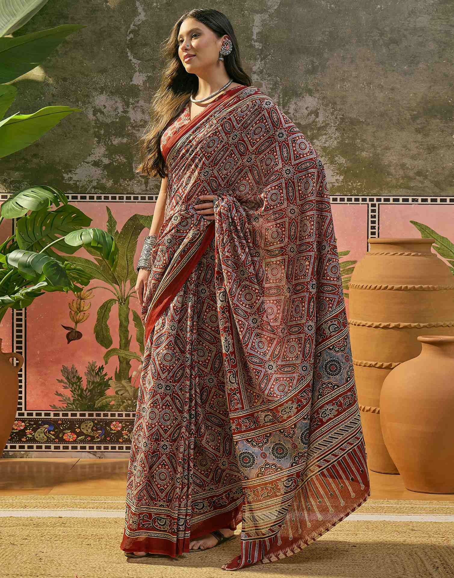 Ready To Wear Rust Cotton Printed Saree - Image 4
