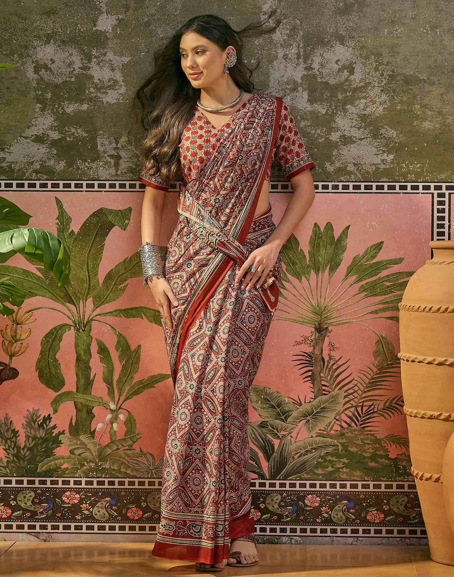 Ready To Wear Rust Cotton Printed Saree - Image 6