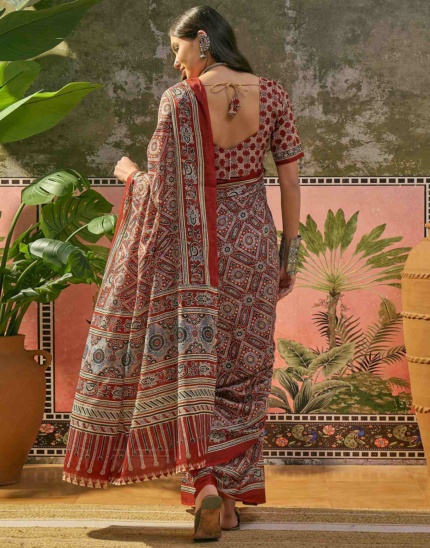 Ready To Wear Rust Cotton Printed Saree - Image 7