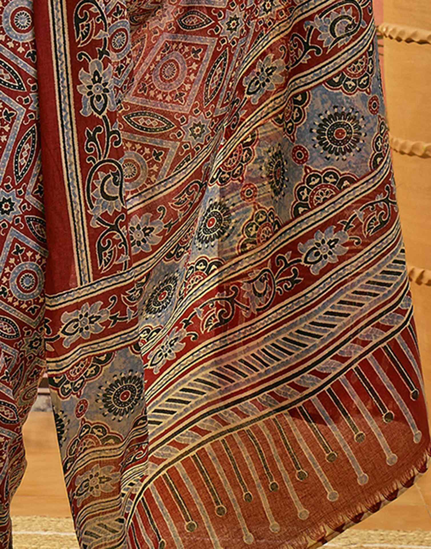 Ready To Wear Rust Cotton Printed Saree - Image 9