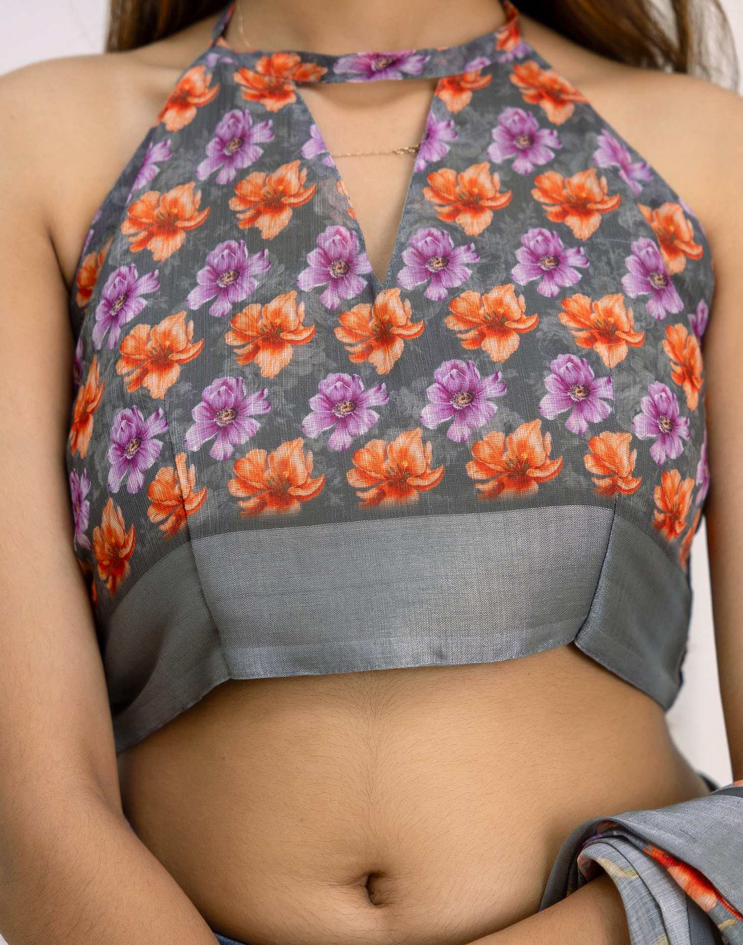 Ready To Wear Grey Linen Printed Saree - Image 15