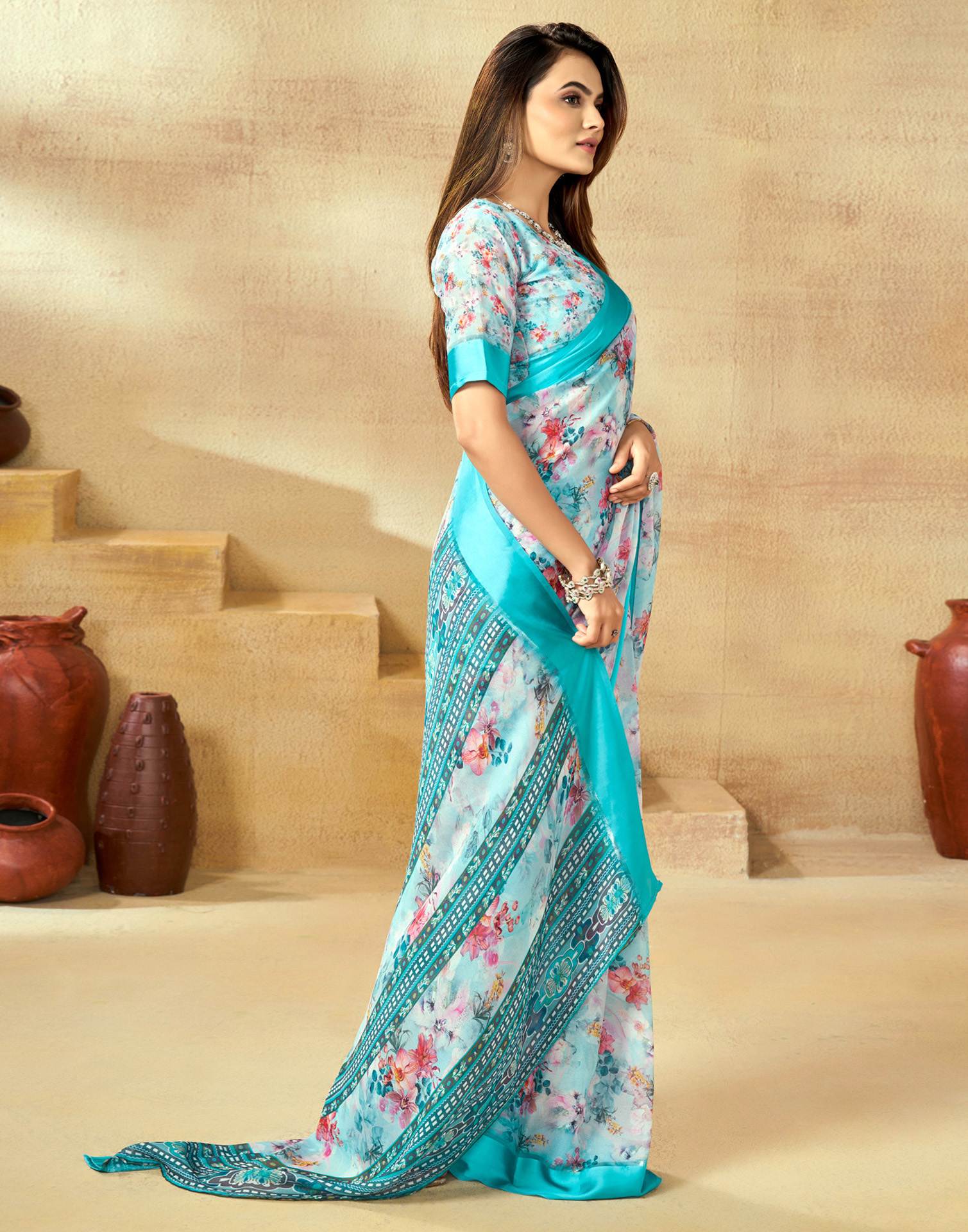 Ready To Wear Sea Blue Georgette Floral Printed  Saree - Image 5