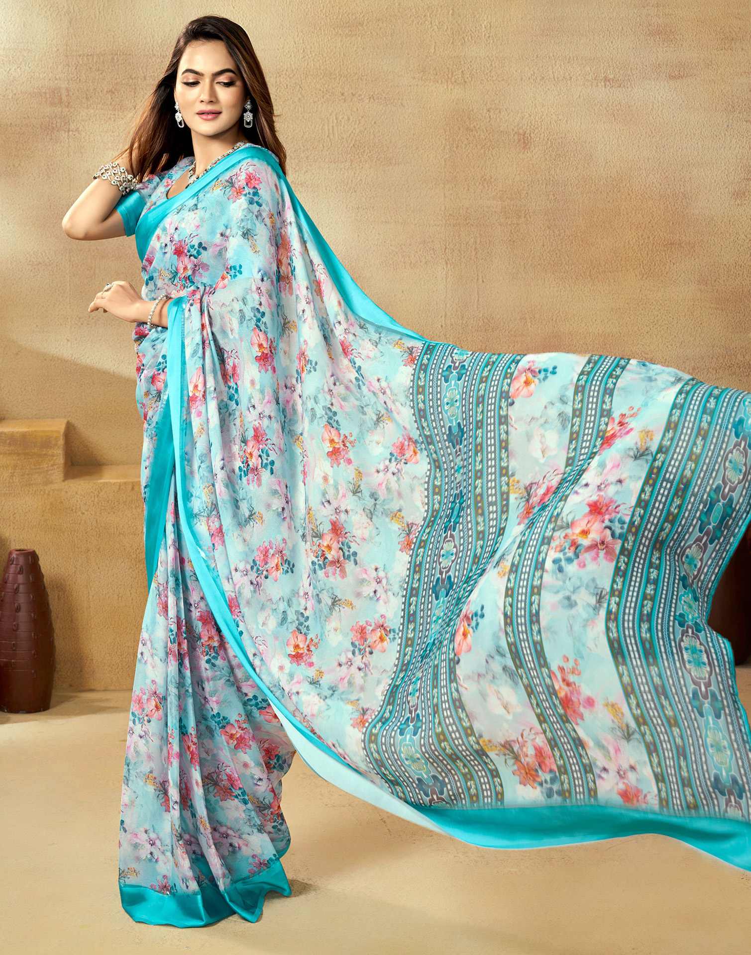 Ready To Wear Sea Blue Georgette Floral Printed  Saree - Image 6