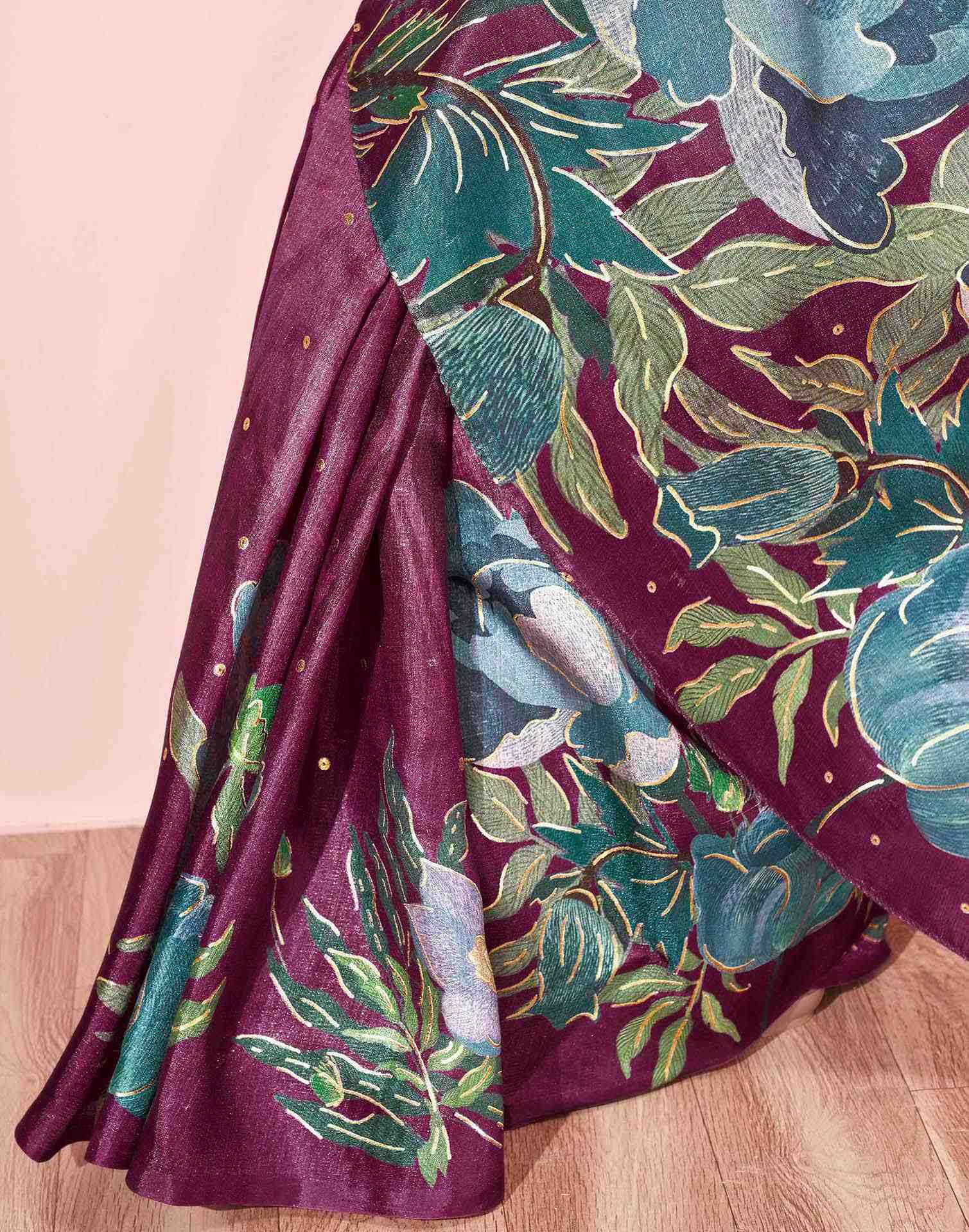 Ready To Wear Dark Magenta Silk Foil Printed Saree - Image 11