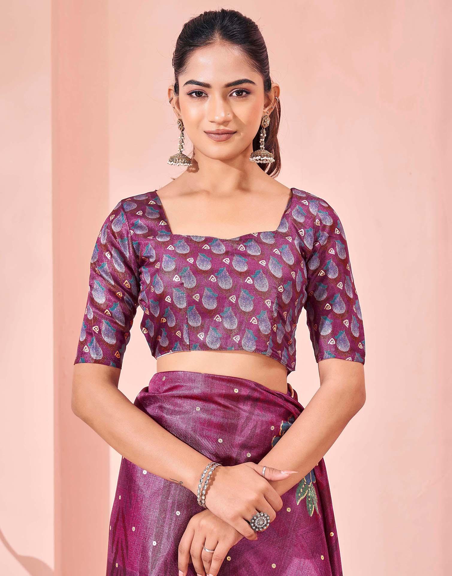Ready To Wear Dark Magenta Silk Foil Printed Saree - Image 12