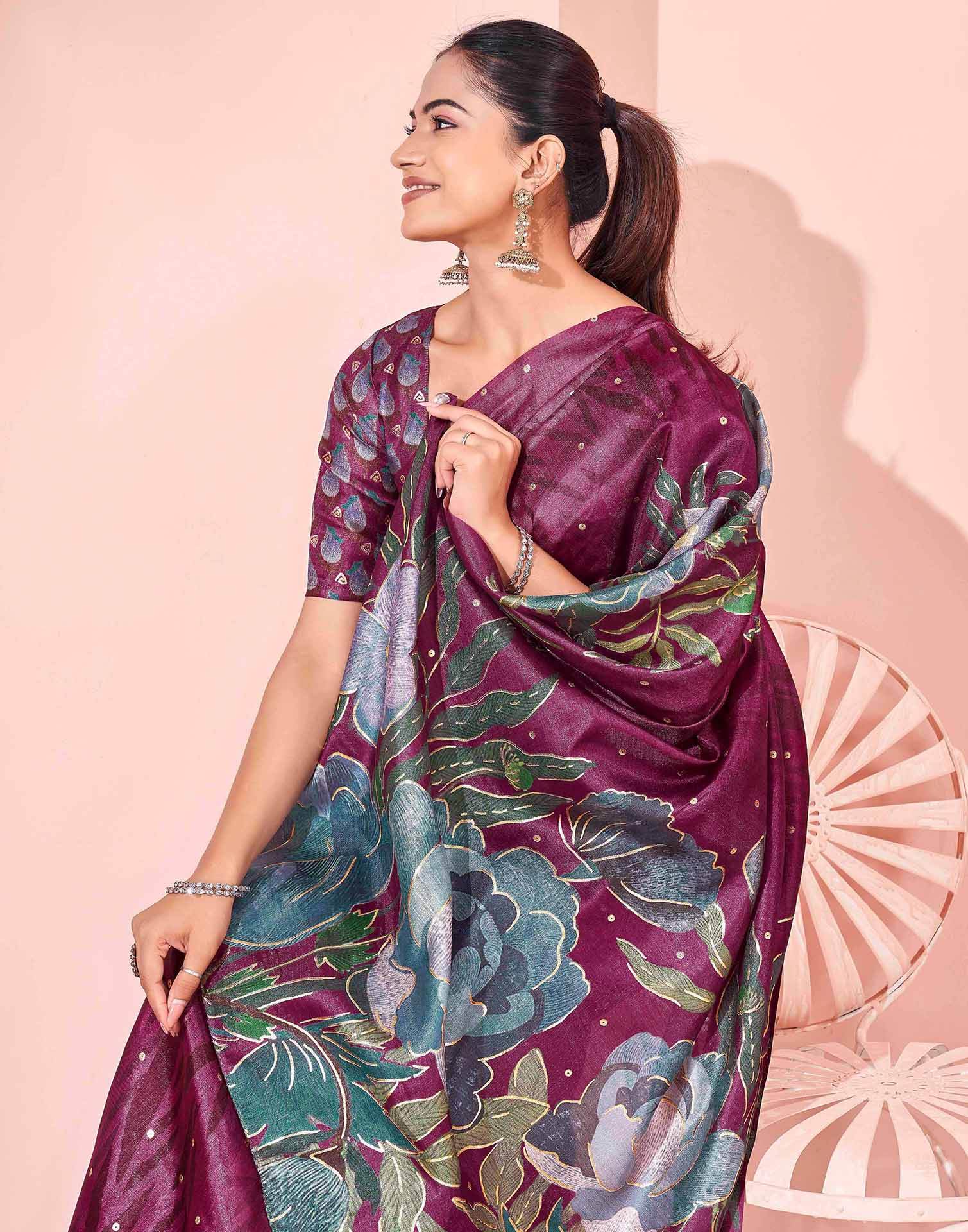 Ready To Wear Dark Magenta Silk Foil Printed Saree - Image 4