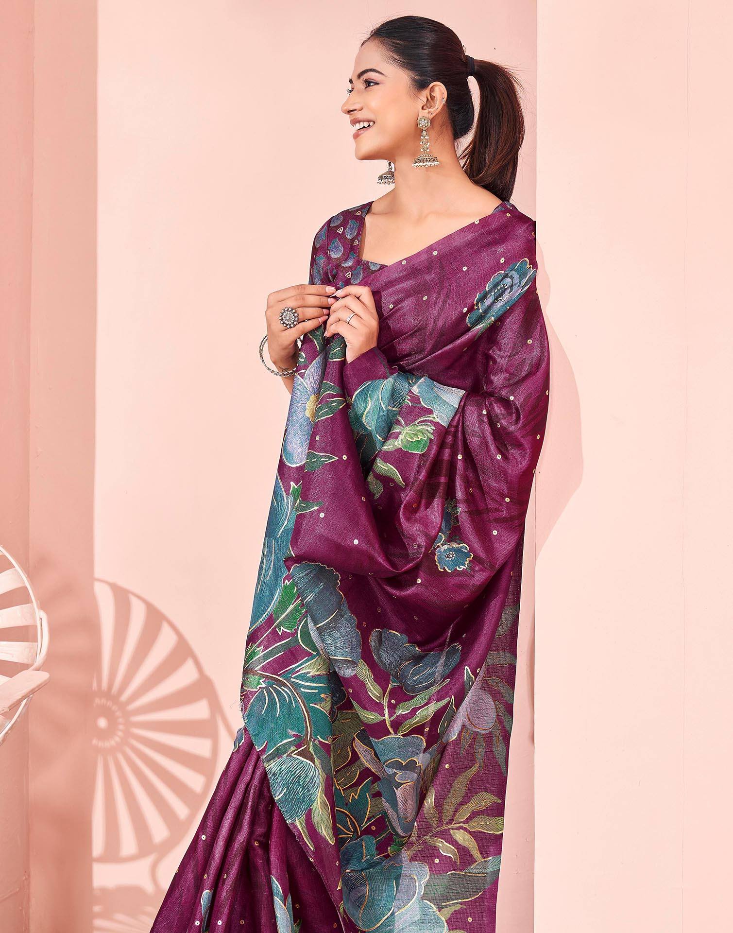Ready To Wear Dark Magenta Silk Foil Printed Saree - Image 5