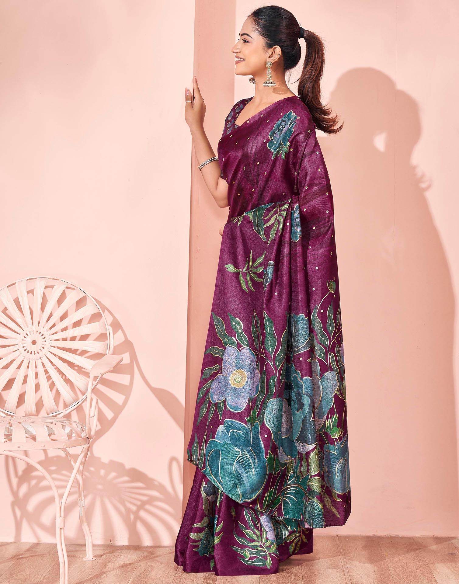 Ready To Wear Dark Magenta Silk Foil Printed Saree - Image 9