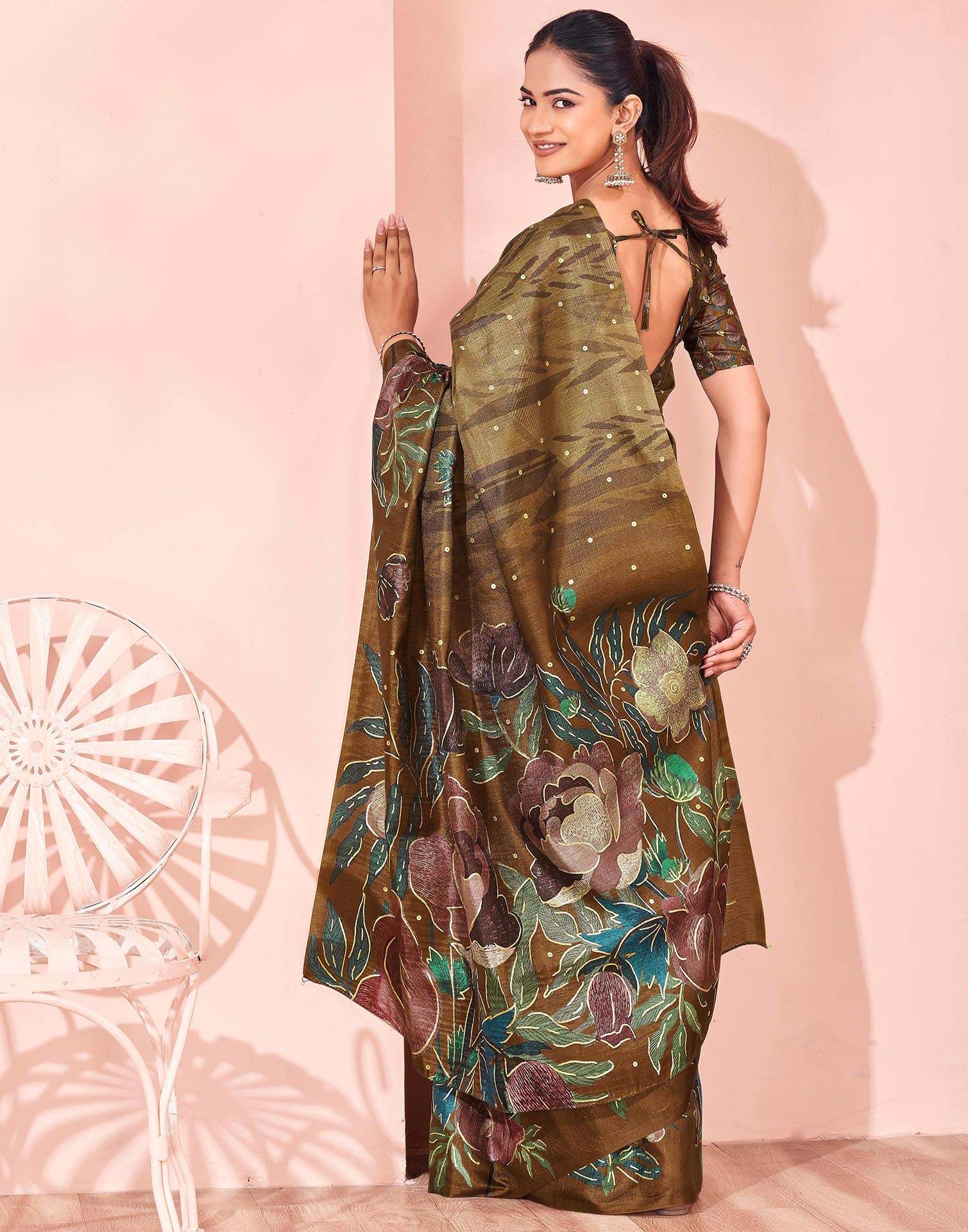Ready To Wear Olive Green Silk Foil Printed Saree - Image 4