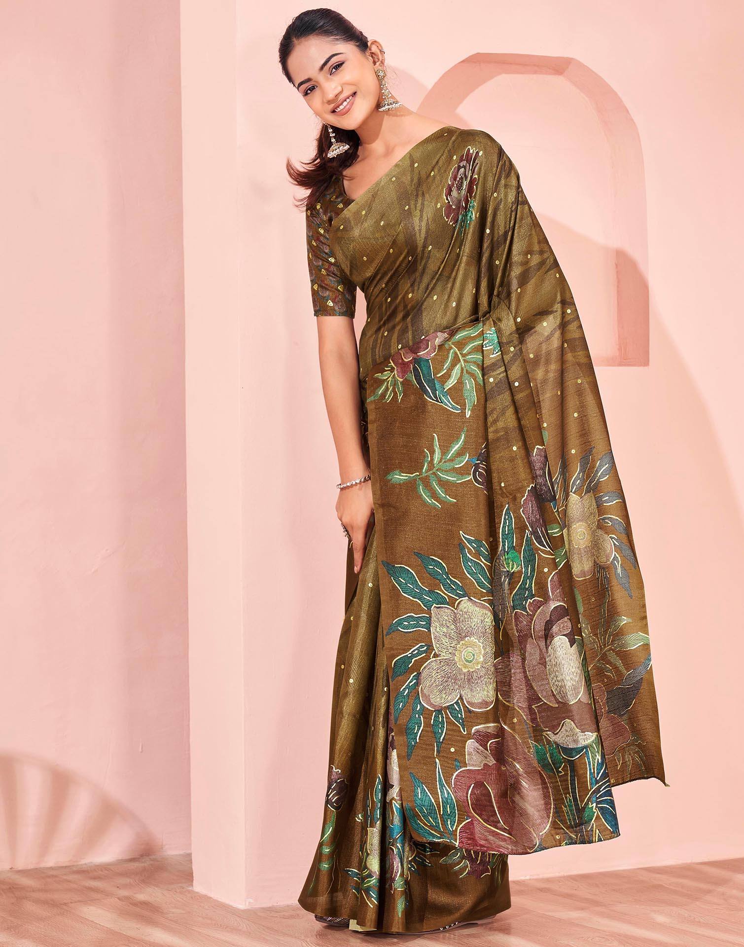 Ready To Wear Olive Green Silk Foil Printed Saree - Image 6