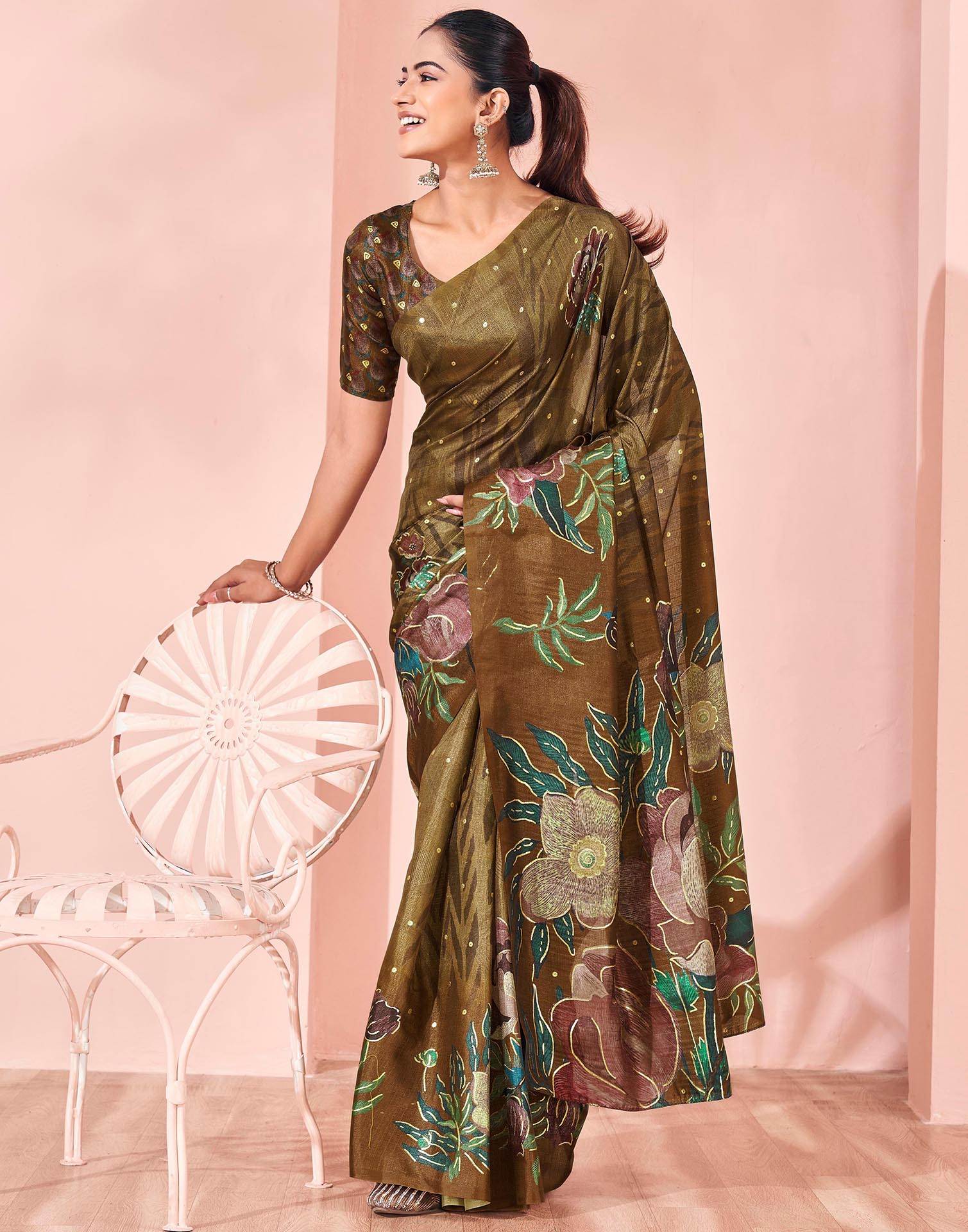 Ready To Wear Olive Green Silk Foil Printed Saree - Image 7