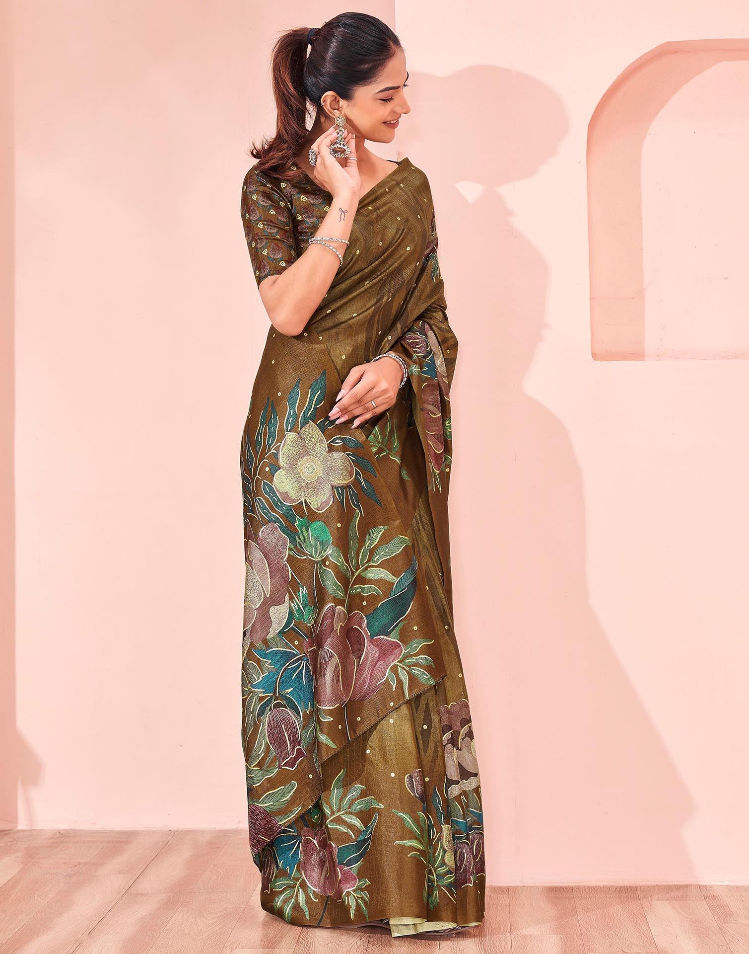 Ready To Wear Olive Green Silk Foil Printed Saree - Image 9