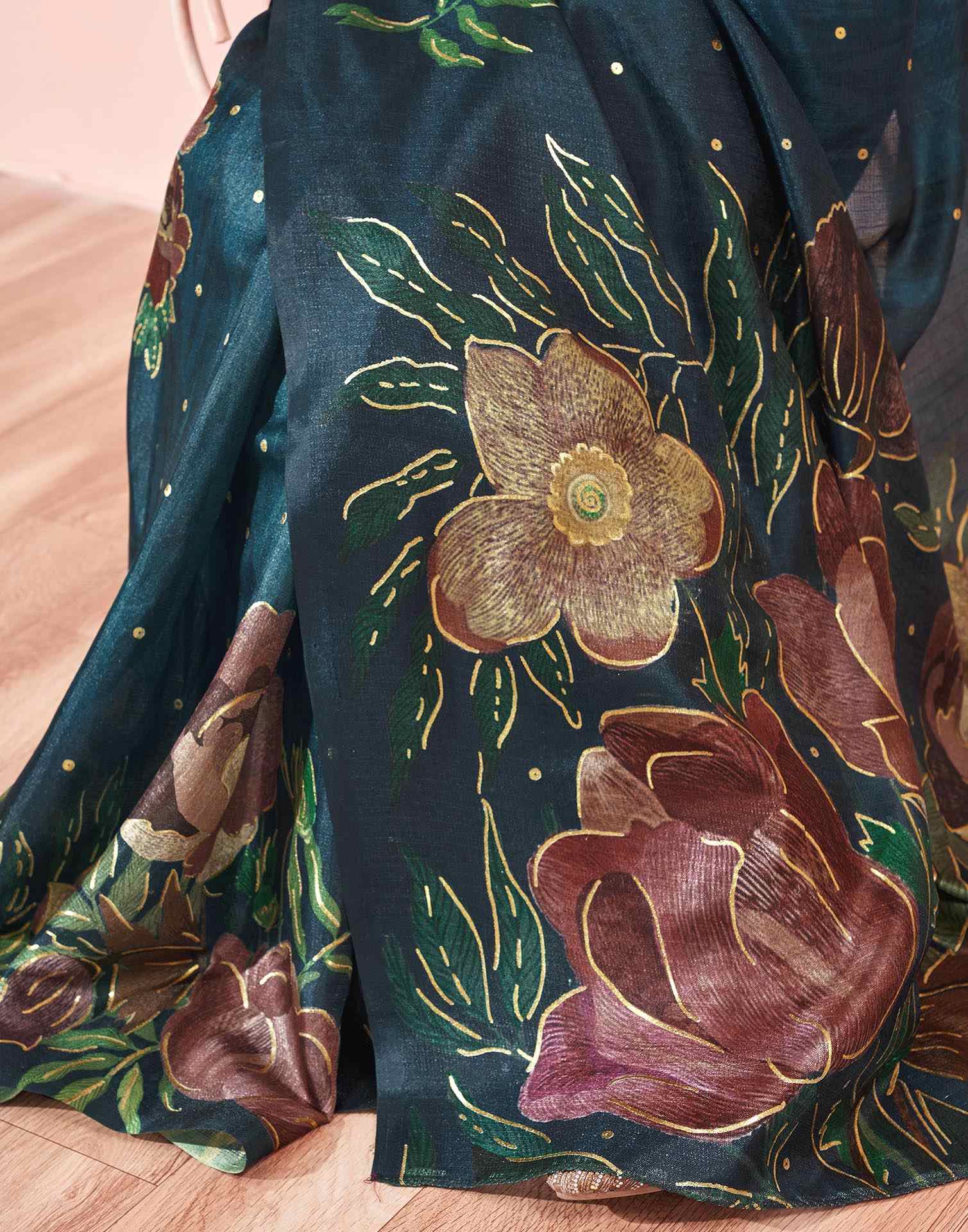 Ready To Wear Dark Peacock Blue Silk Foil Printed Saree - Image 10