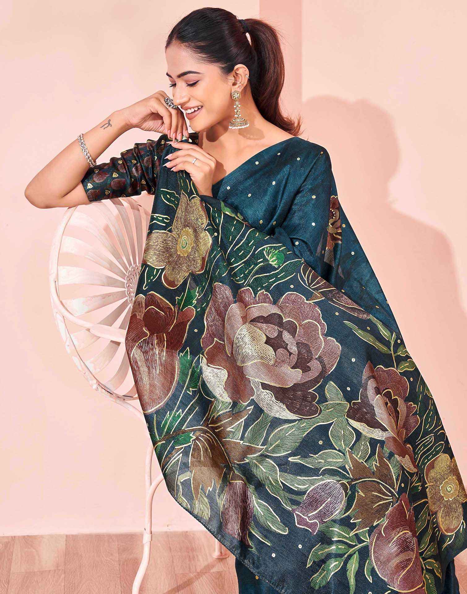 Ready To Wear Dark Peacock Blue Silk Foil Printed Saree - Image 4
