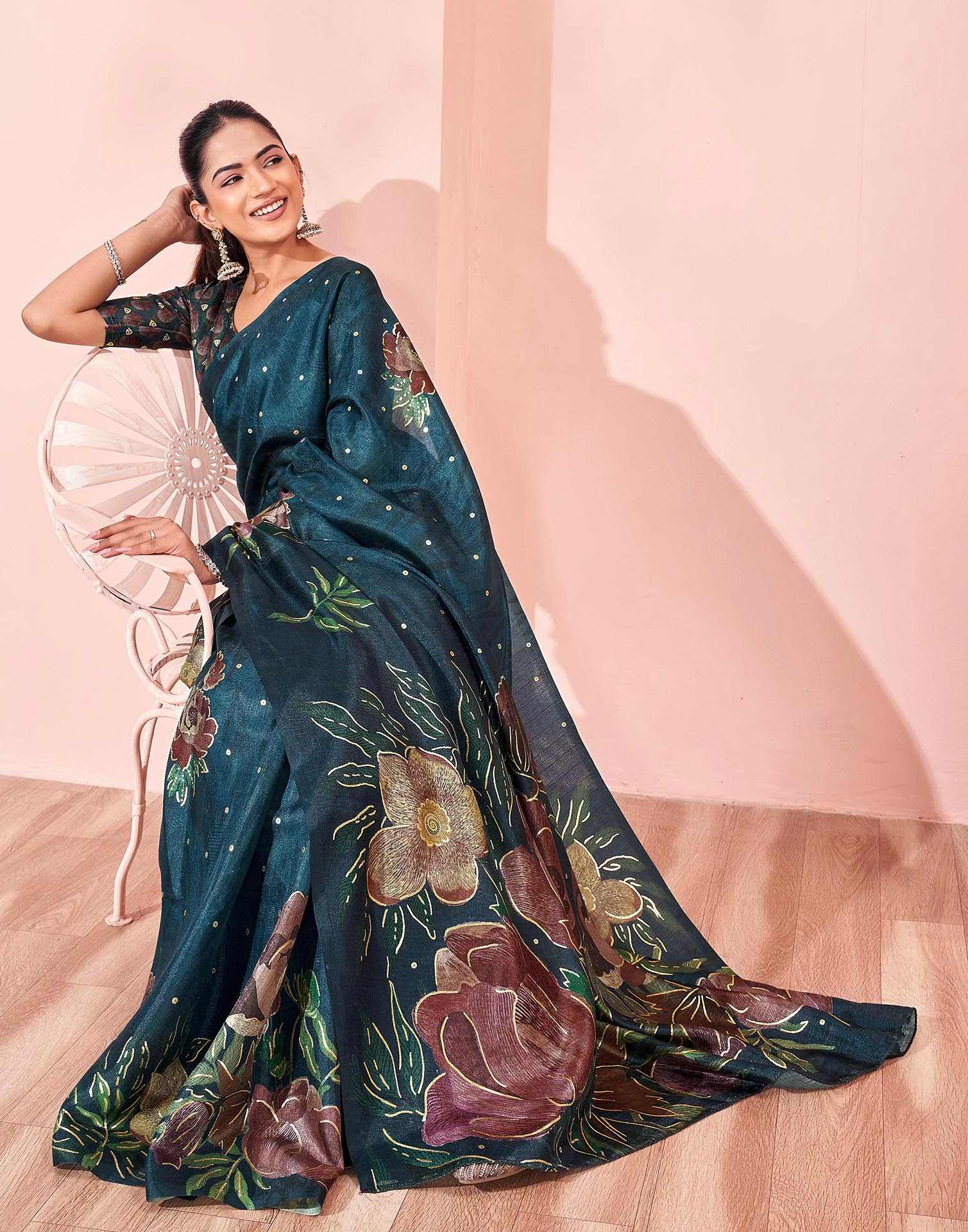 Ready To Wear Dark Peacock Blue Silk Foil Printed Saree - Image 7
