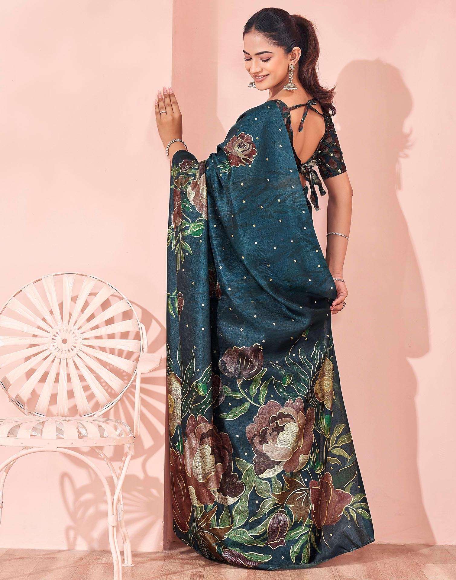 Ready To Wear Dark Peacock Blue Silk Foil Printed Saree - Image 8