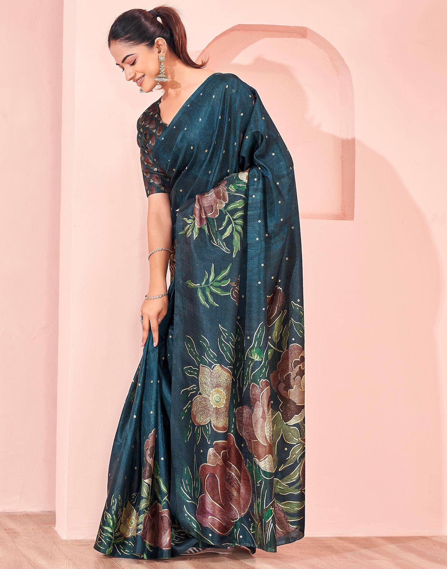 Ready To Wear Dark Peacock Blue Silk Foil Printed Saree - Image 9
