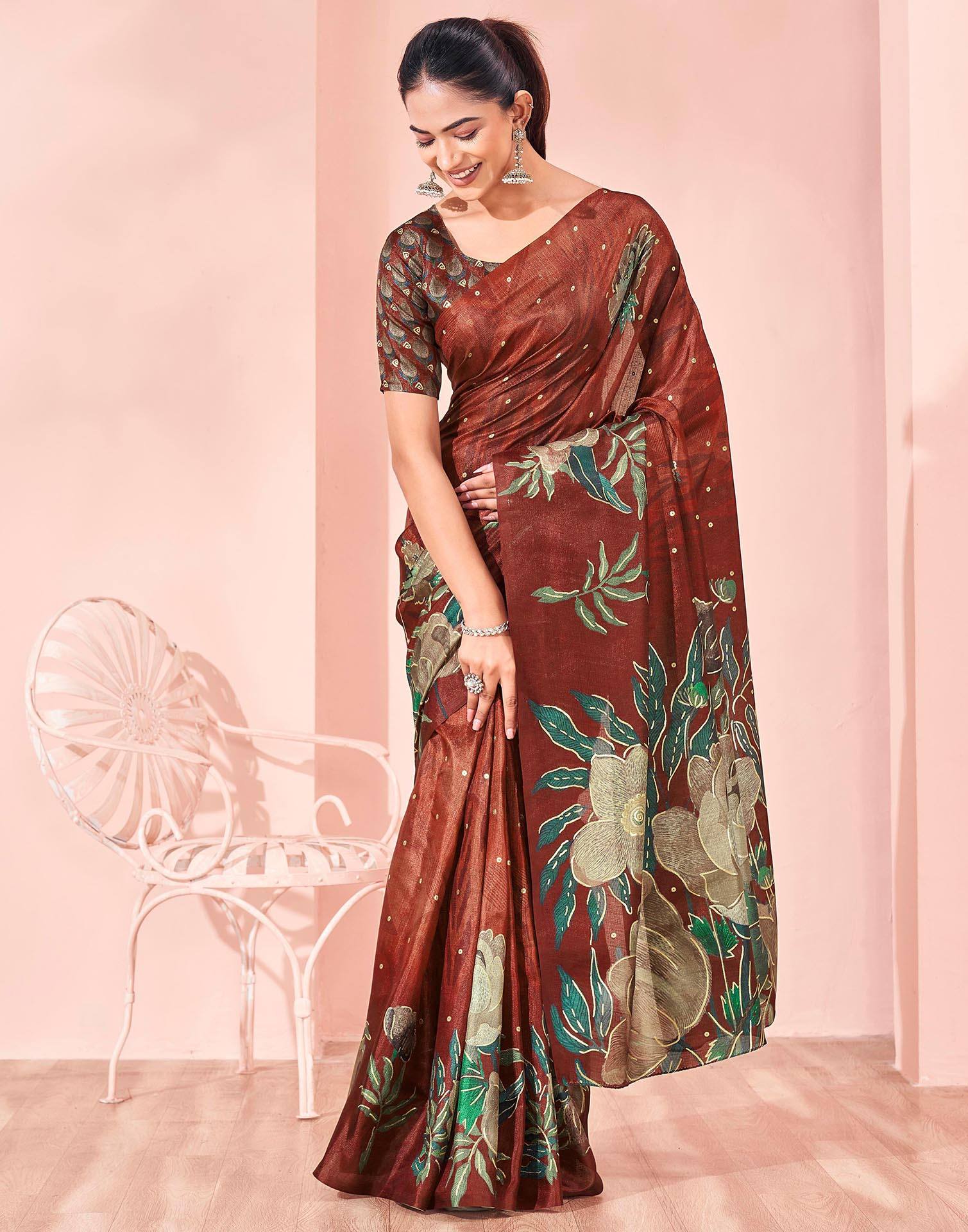 Ready To Wear Maroon Silk Foil Printed Saree - Image 5