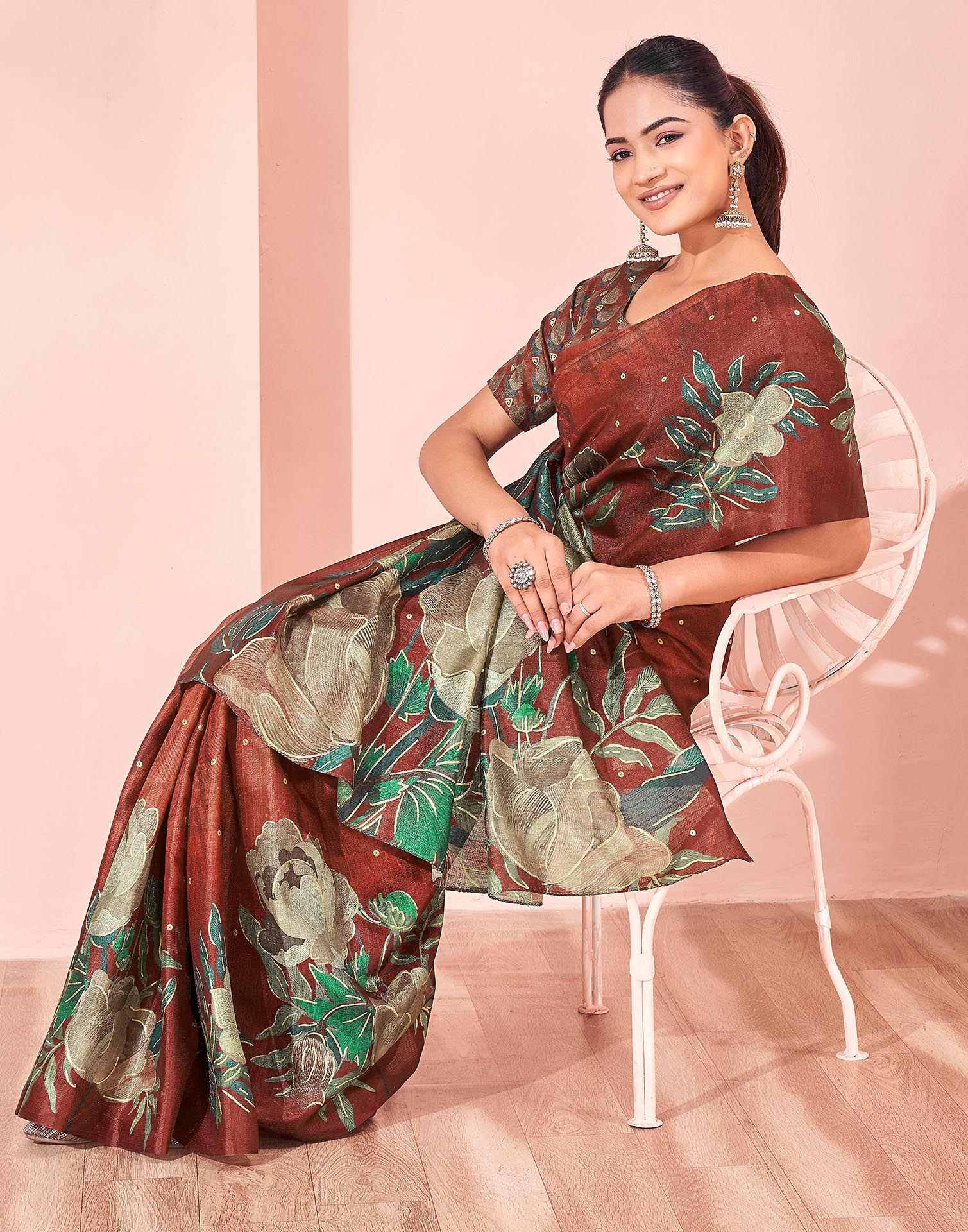 Ready To Wear Maroon Silk Foil Printed Saree - Image 7