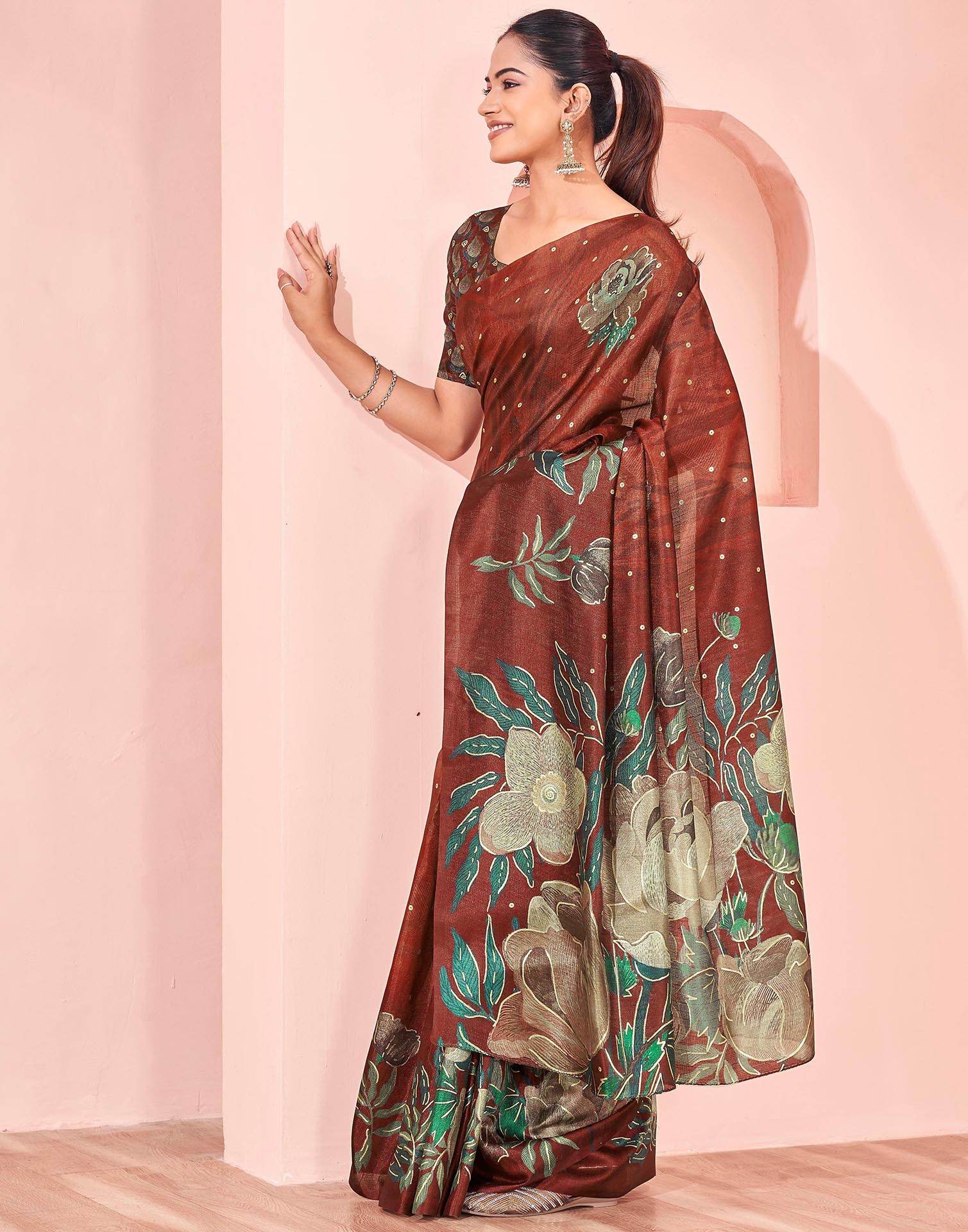 Ready To Wear Maroon Silk Foil Printed Saree - Image 9