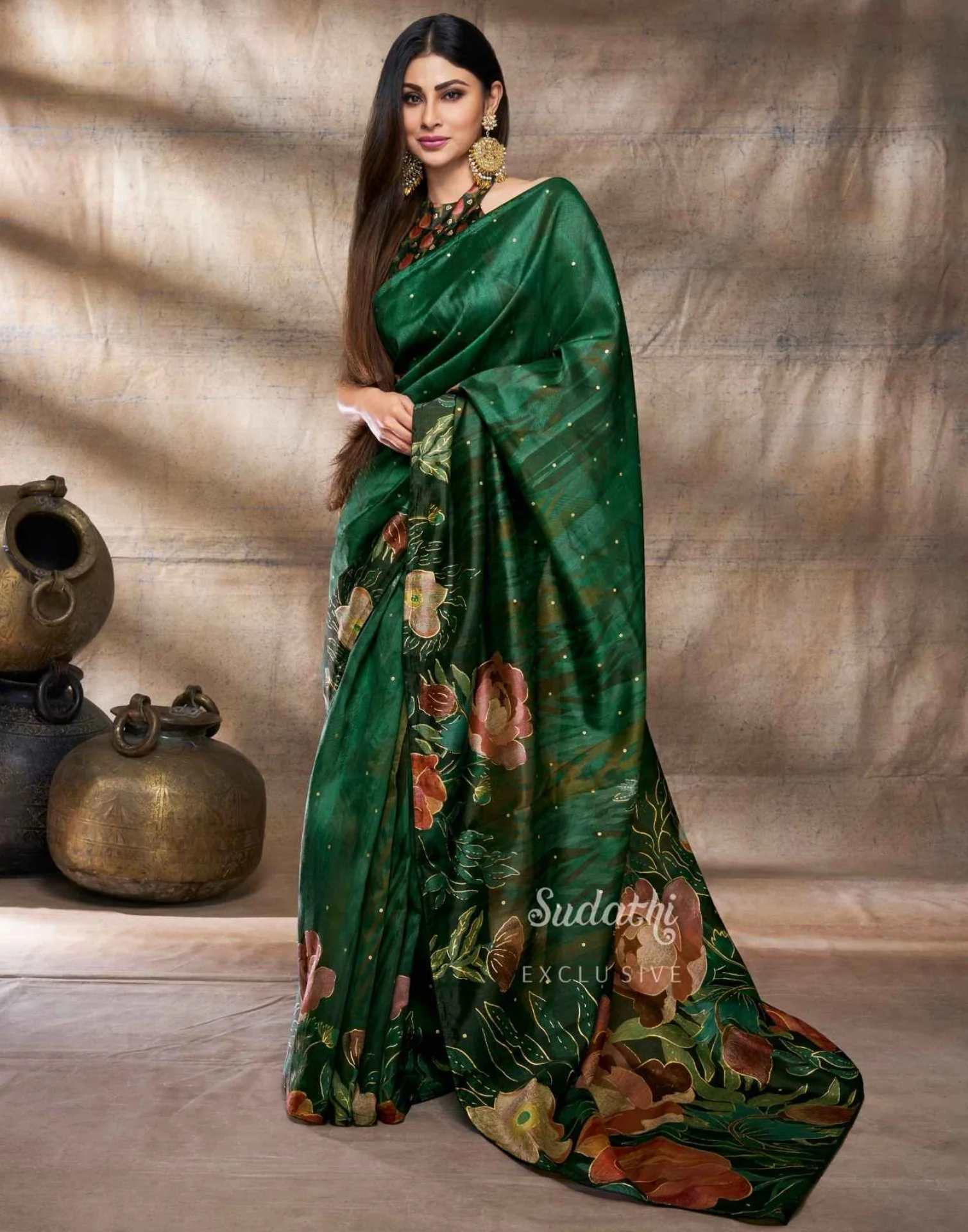Mouni Roy Green Floral Blossom Ready To Wear Foil Saree