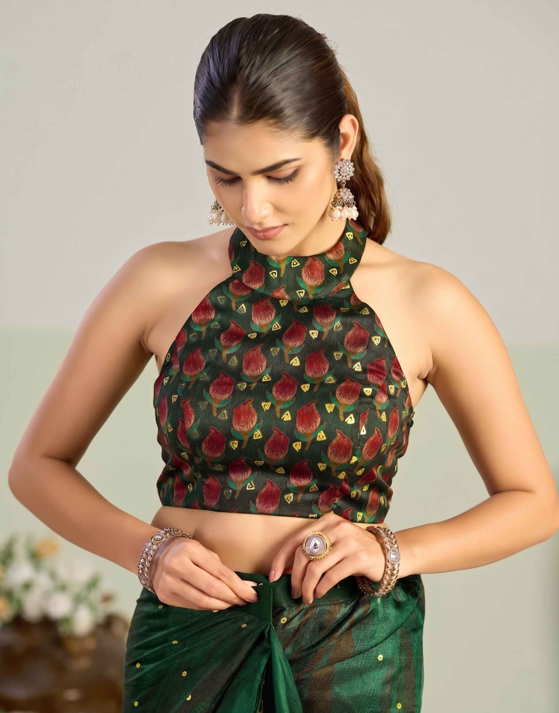Mouni Roy Green Floral Blossom Ready To Wear Foil Saree - Image 2