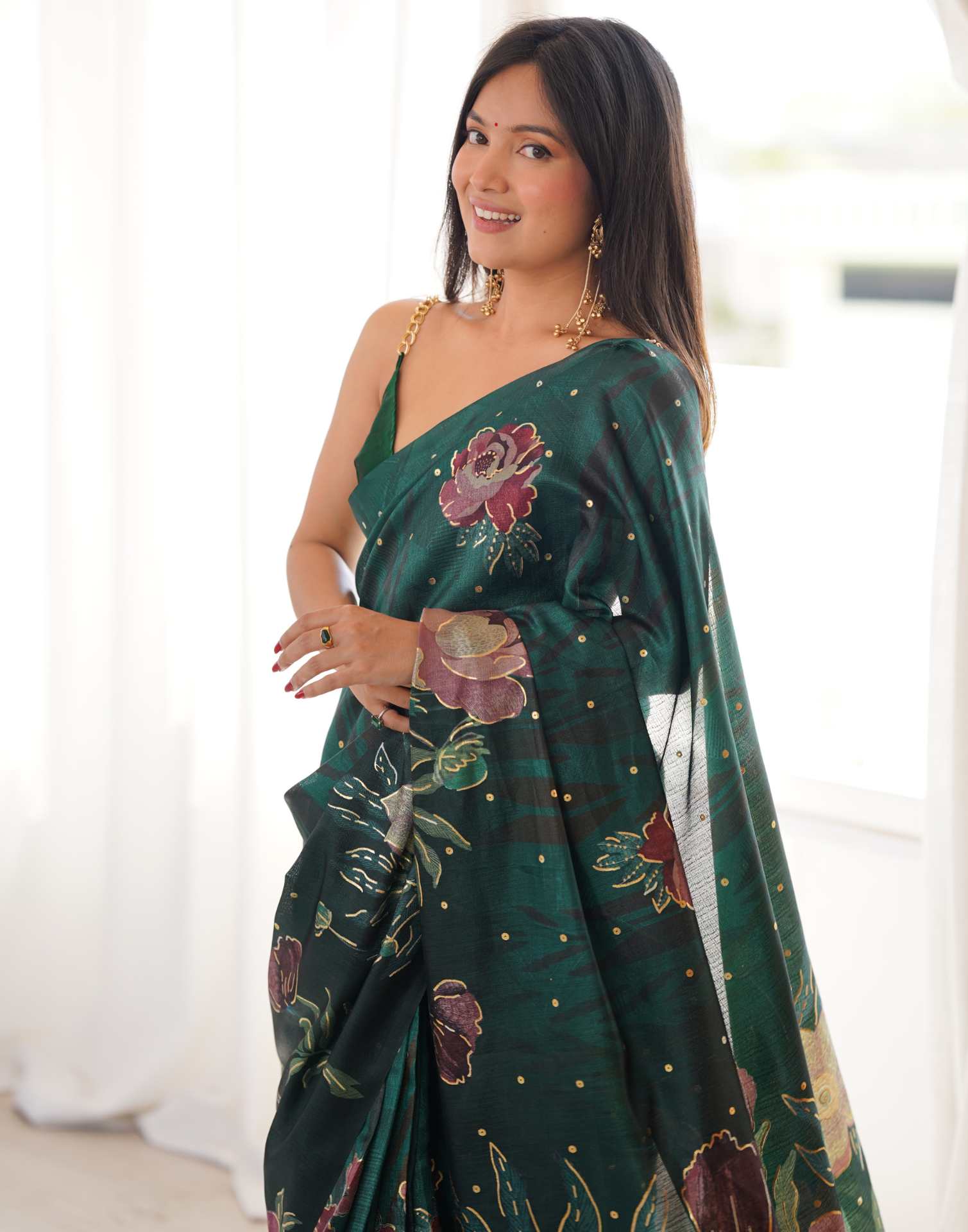 Mouni Roy Green Floral Blossom Ready To Wear Foil Saree - Image 3