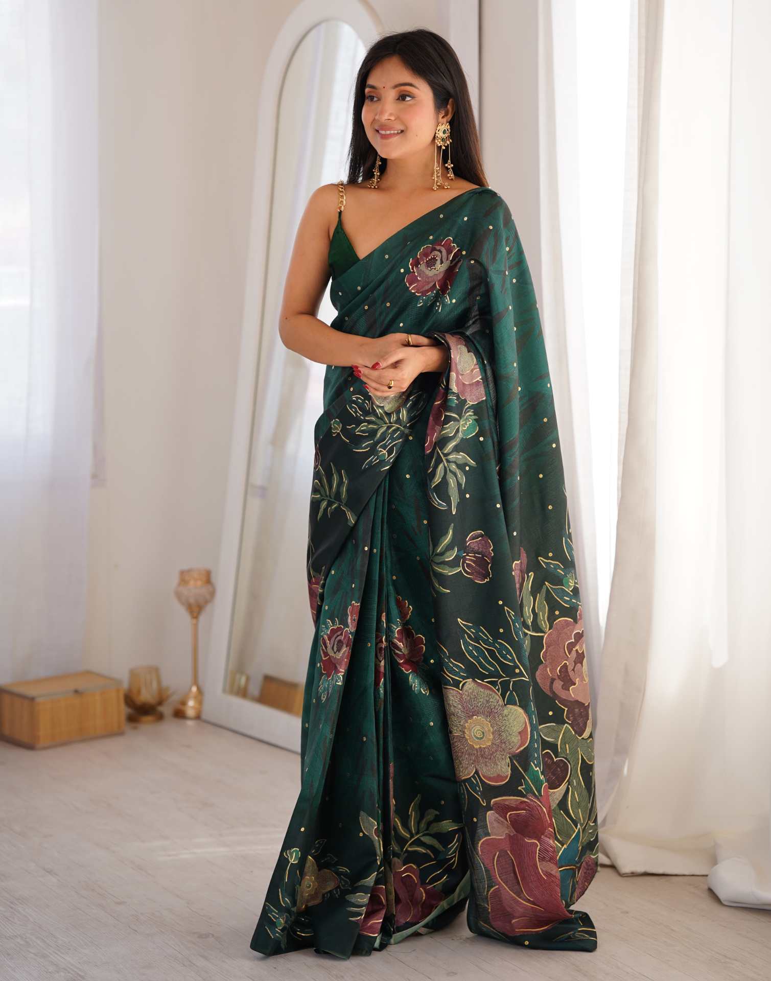 Mouni Roy Green Floral Blossom Ready To Wear Foil Saree - Image 5
